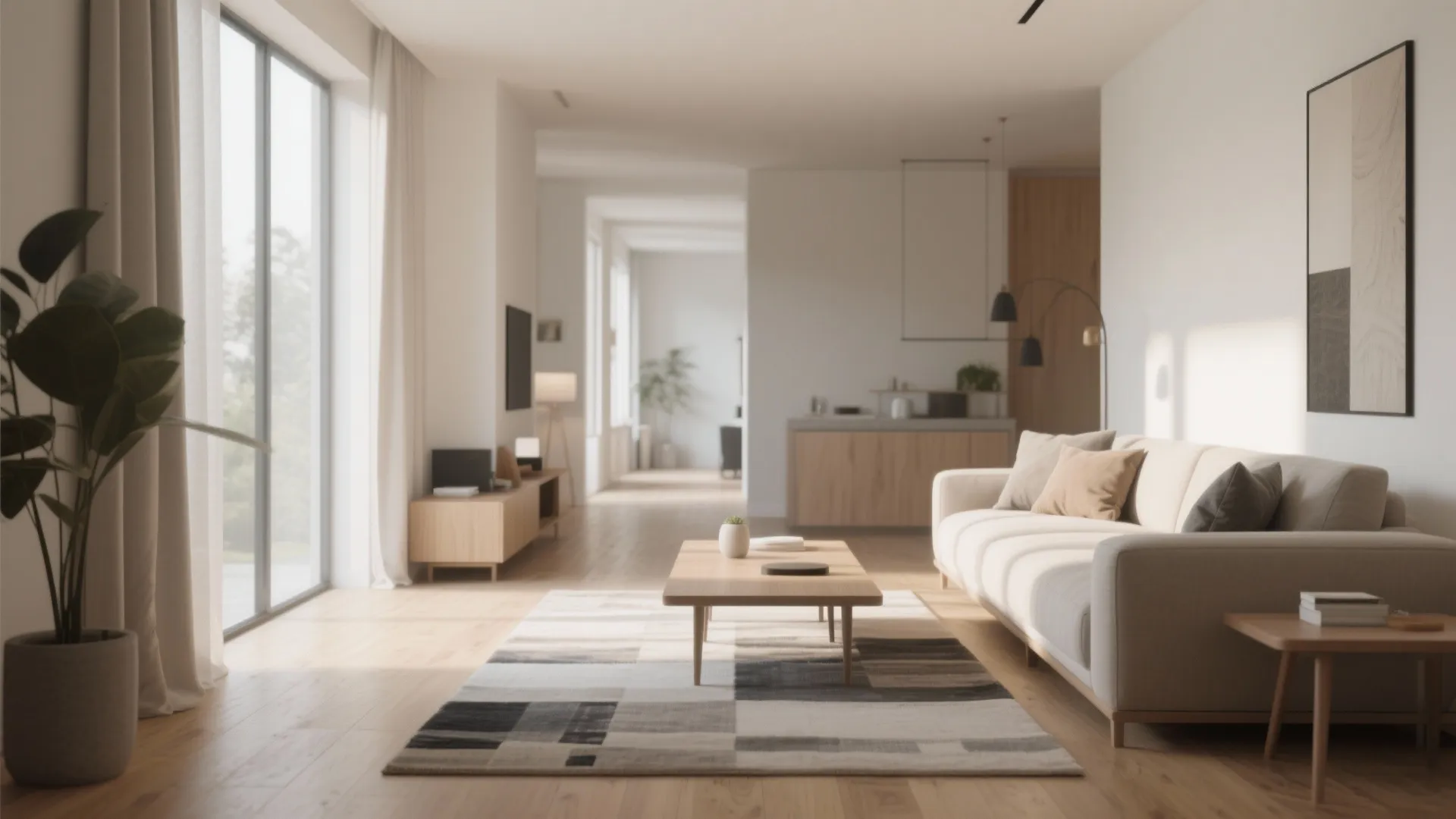 Minimalist living room layout with beige sofa wooden coffee table and a large green plant