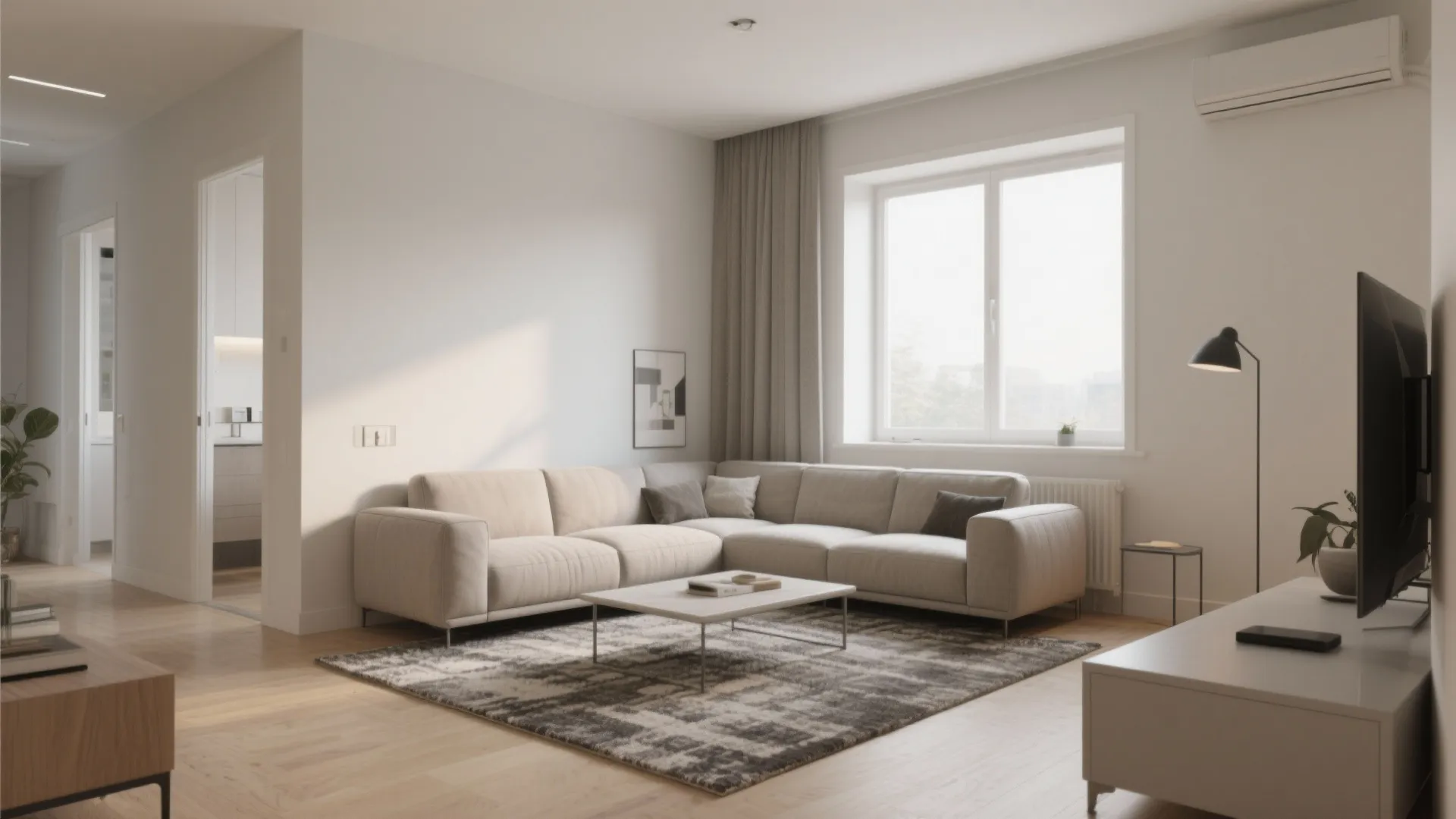 Simple living room layout with a large corner sofa white walls and a floor lamp