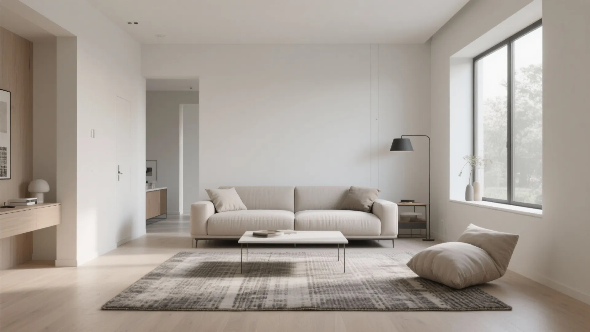 Minimalist living room with beige sofa white walls wooden floor grey rug and floor lamp setup