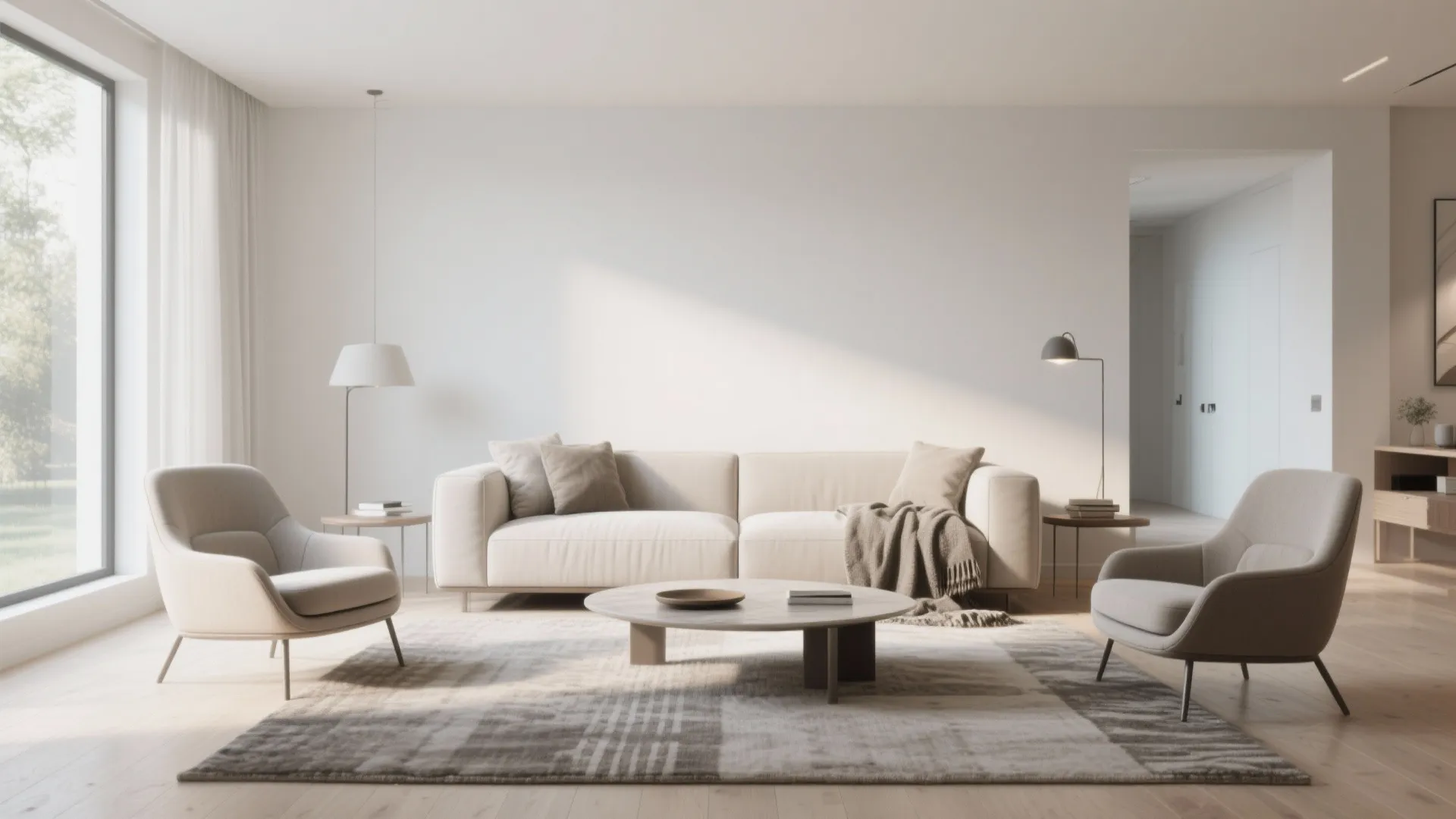 Minimalist living room featuring white sofa, grey chairs, round coffee table, rug, and natural light