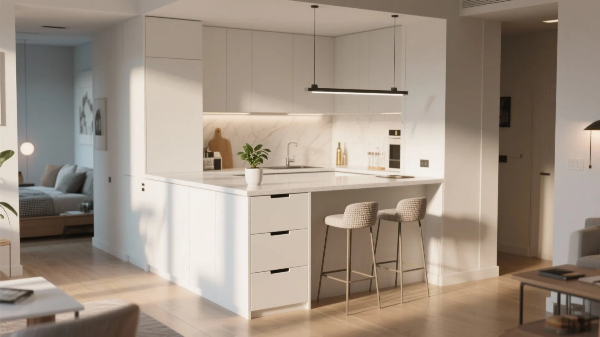 Modern white open kitchen with marble island stools black ceiling light and wooden floor boards