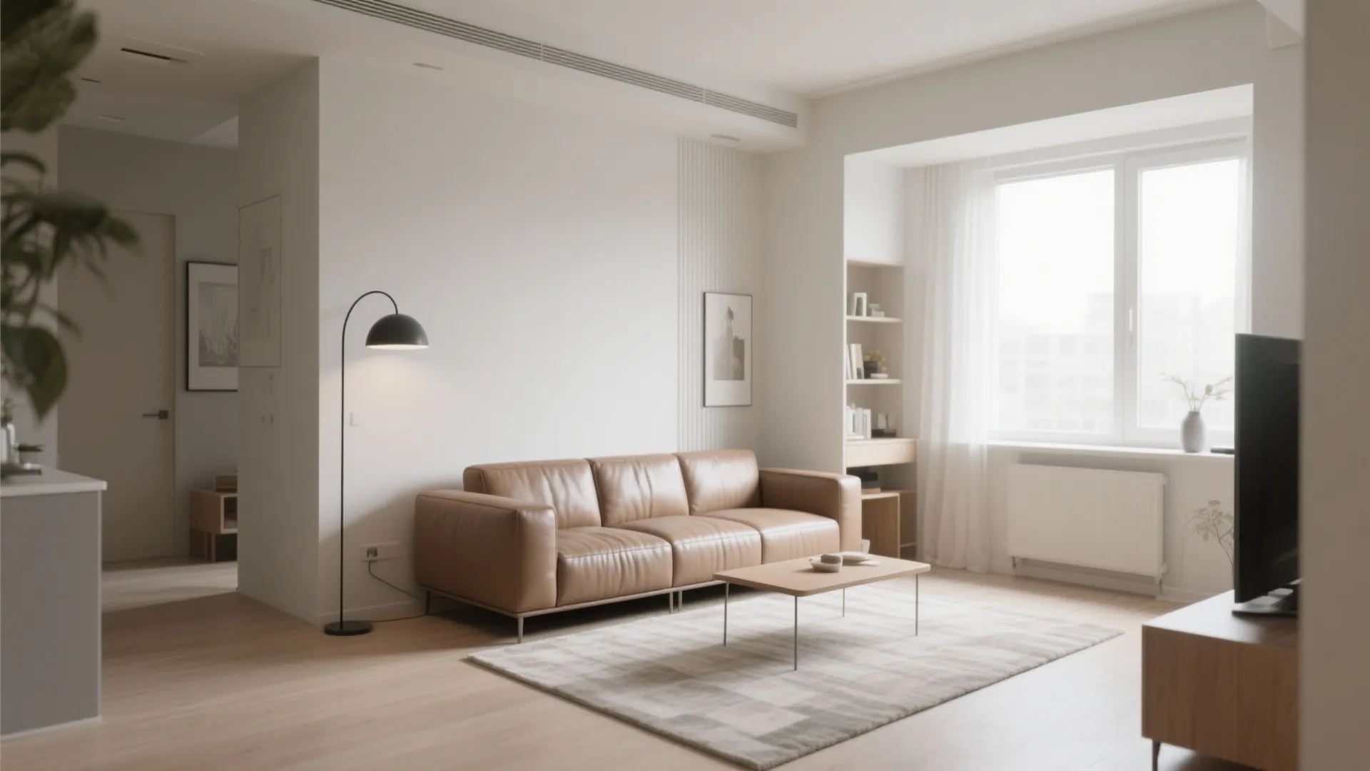 Minimalist living room featuring brown leather sofa, wooden coffee table, floor lamp, and bright window