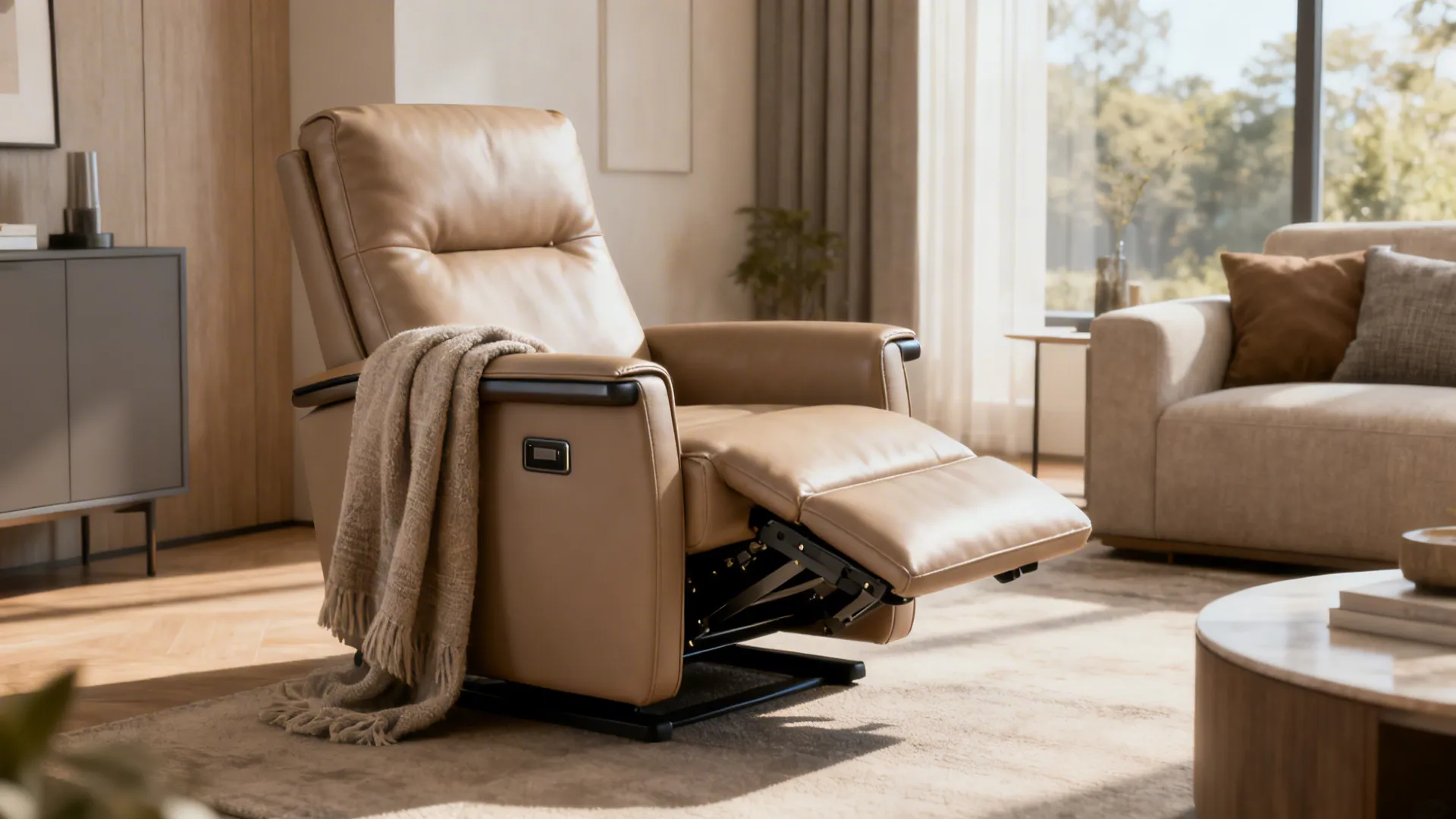 Compact leather recliner with clean lines in a small living room