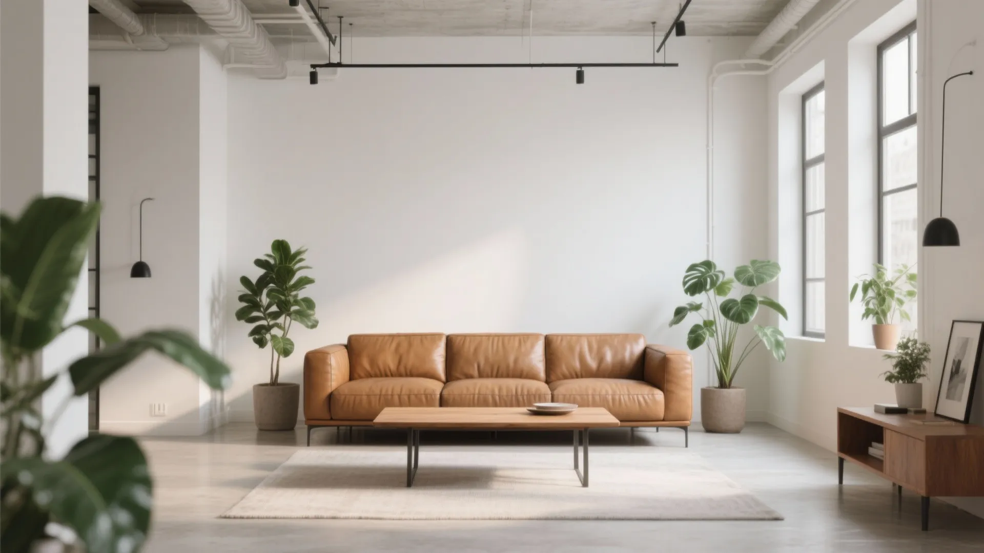 Slim camel leather sofa in minimalist white loft with plants
