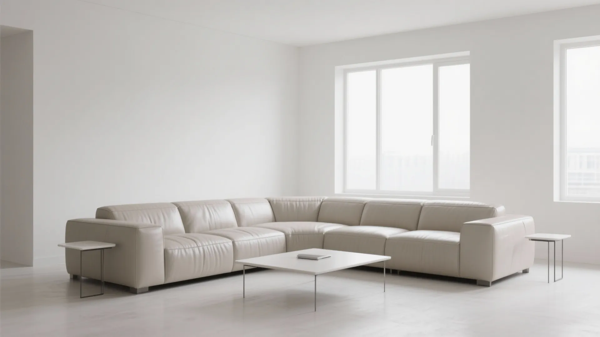 Minimalist living room with clean lines and a leather sectional