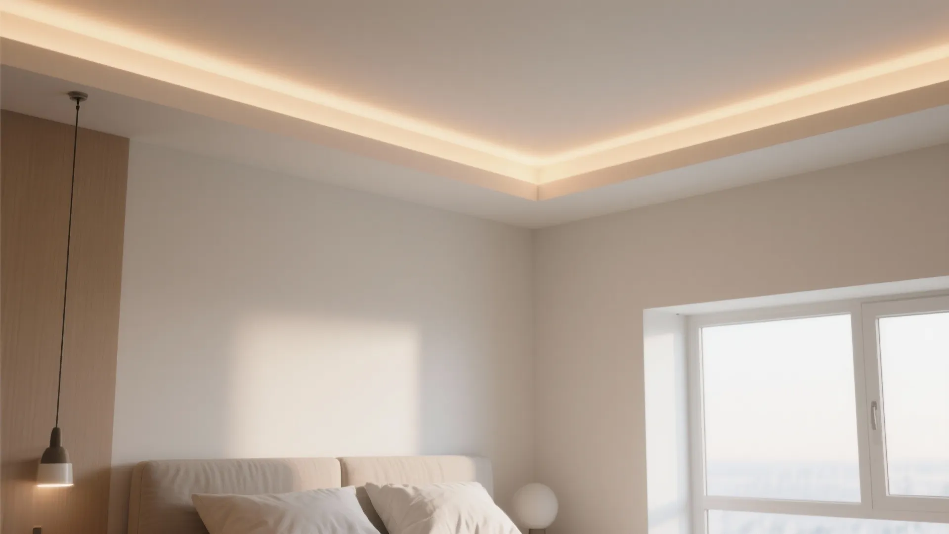 Minimalist bedroom with warm led light strip hidden in ceiling cove large windows and white walls