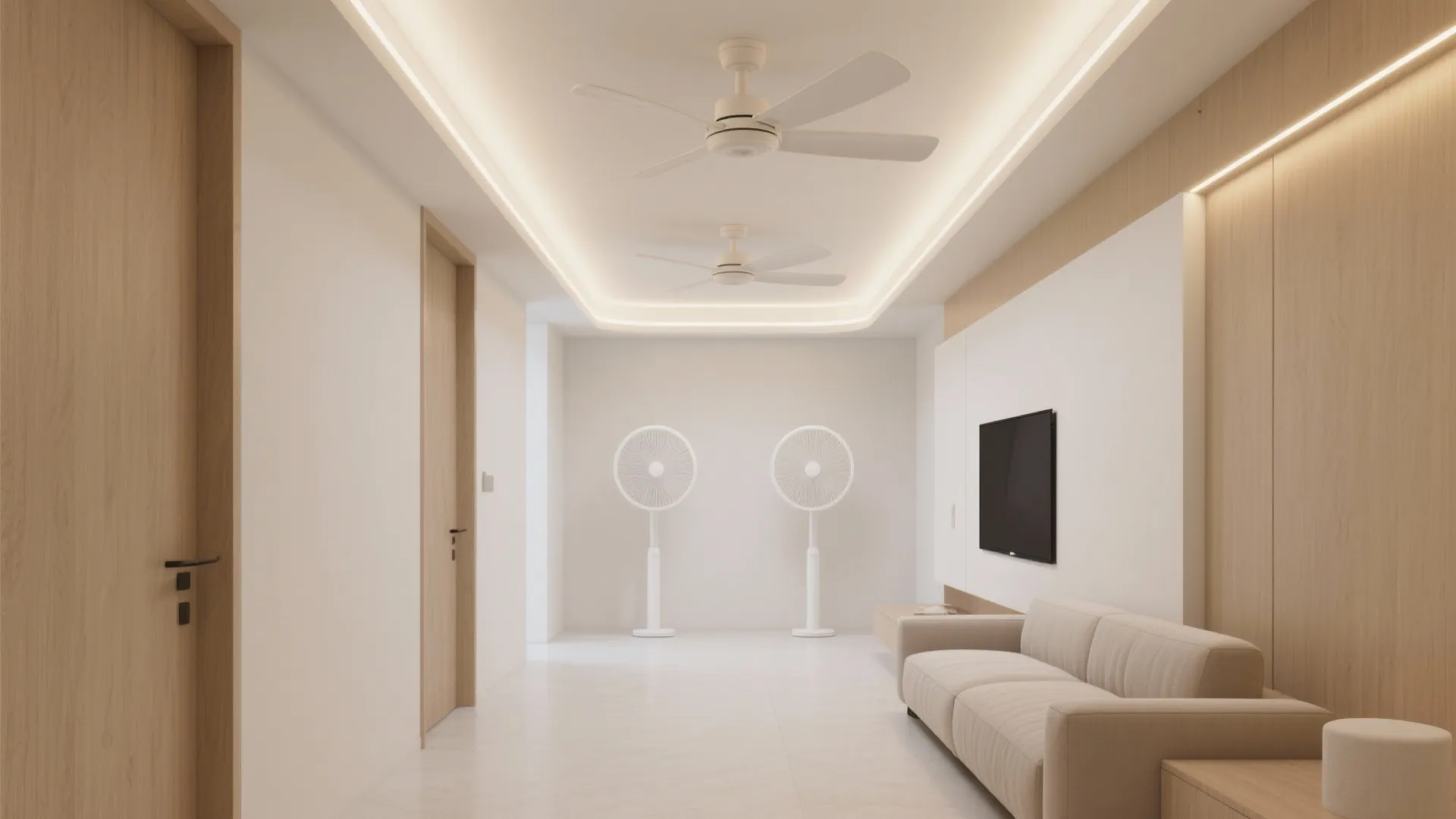 Slim POP cove with concealed LED framing two low-profile ceiling fans in a modern hall.