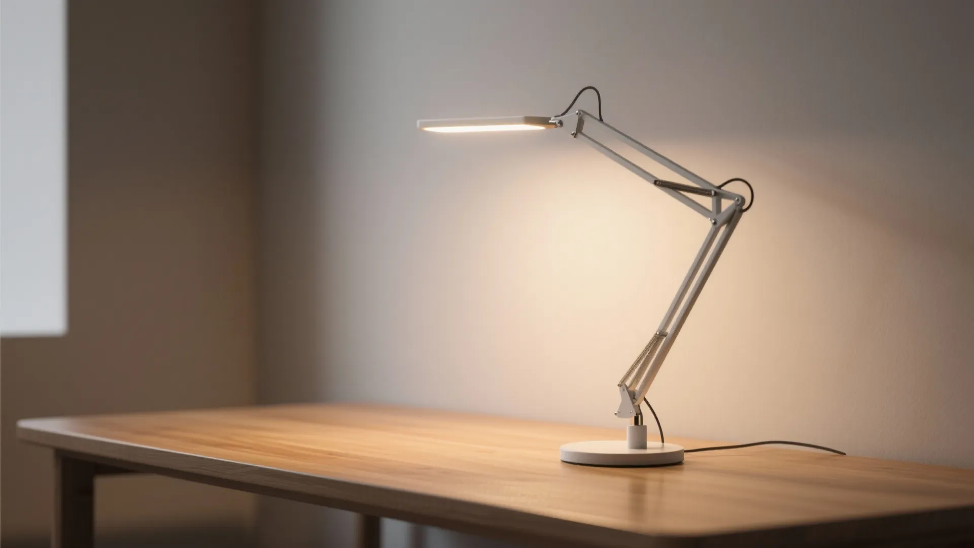 White adjustable desk lamp on a wooden table with warm light in a simple room