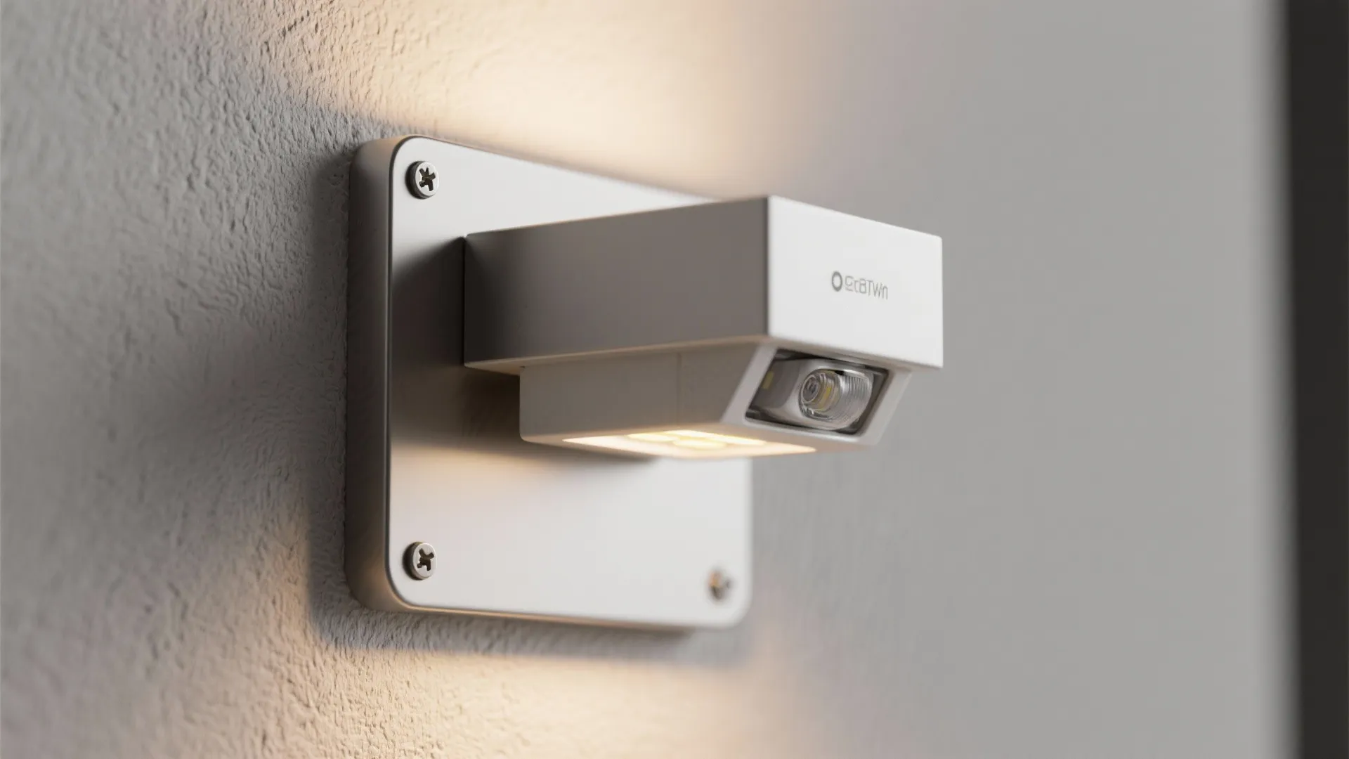 Close up of a modern white wall light fixture with square design on grey wall