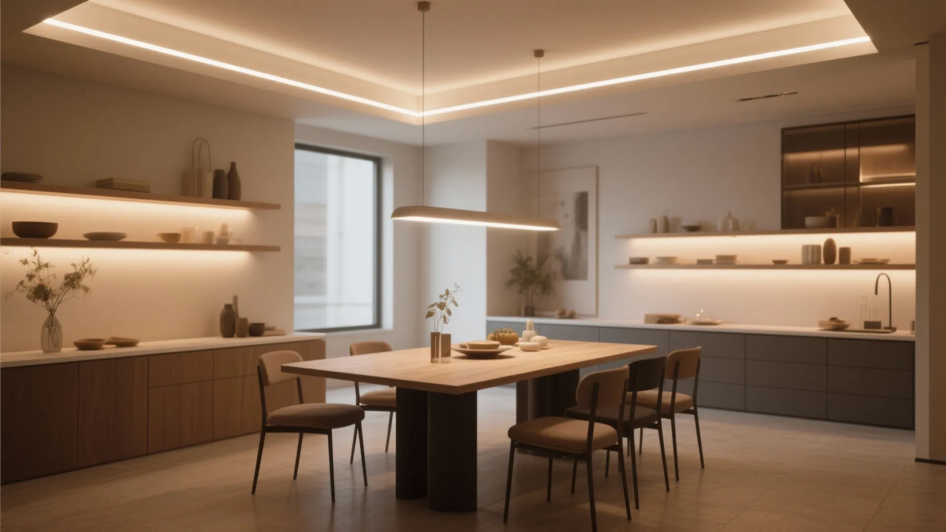 Dining space with warm-white LED strips in ceiling coves