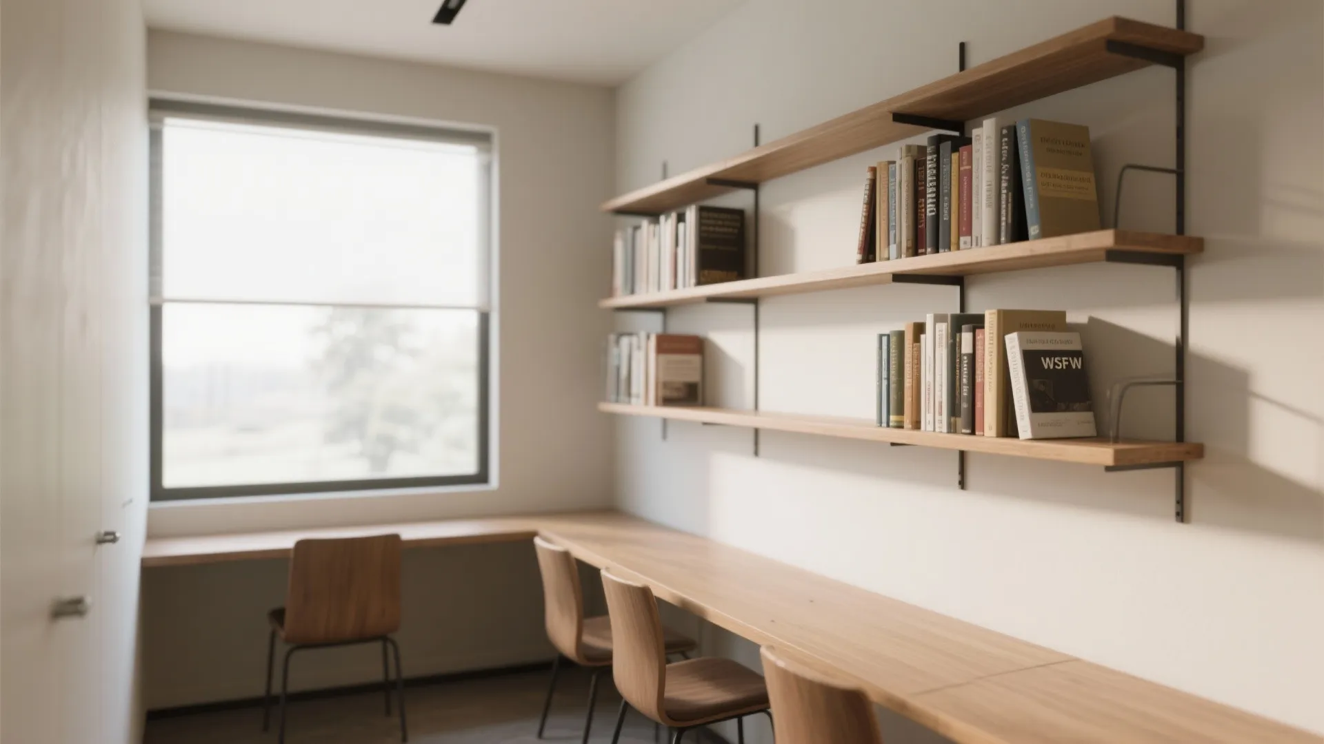 Minimalist study room featuring wooden wall shelves with books above a long wooden desk and chairs