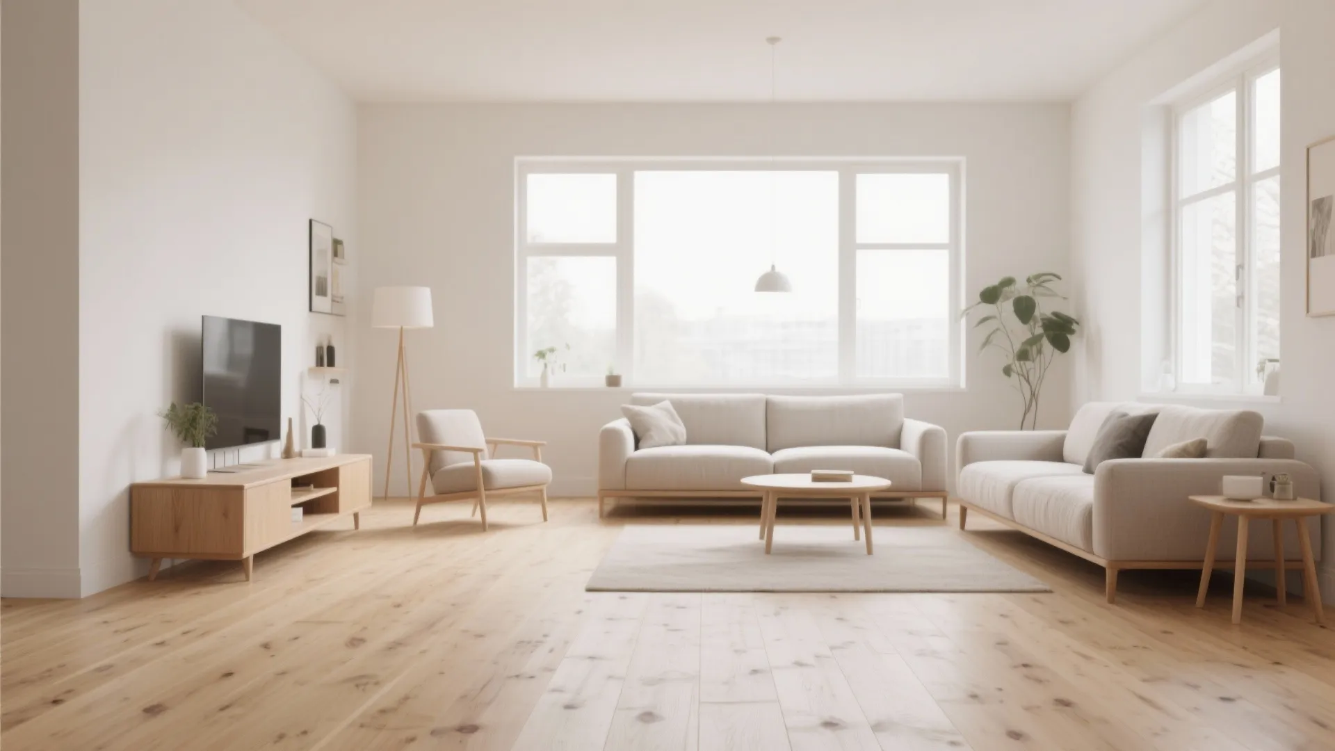 Minimalist living room with light oak flooring and neutral furniture