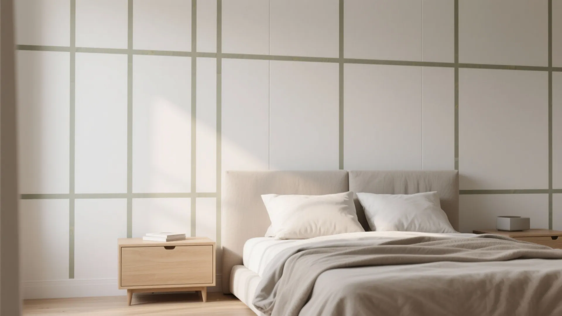 Modern bedroom with light grey bed, wooden bedside table, and green square pattern wall panel