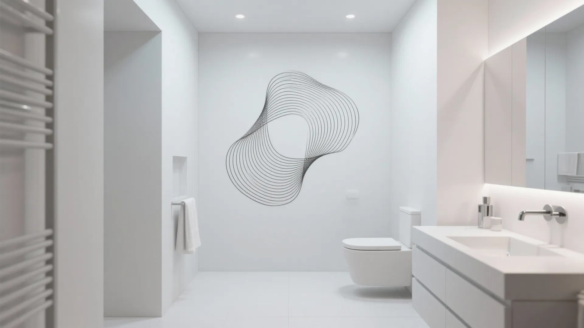 Bathroom with simple one-line art stencil wall