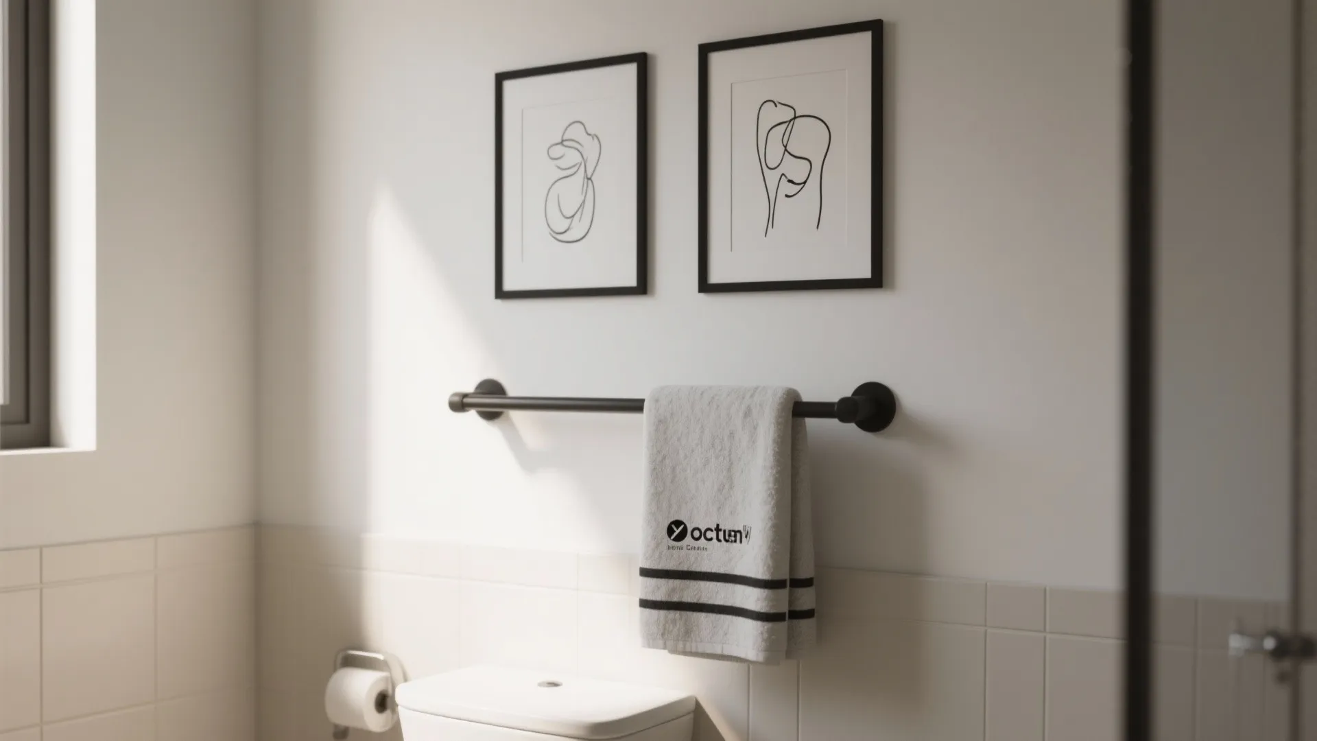 Minimalist black line art above towel rack in bathroom