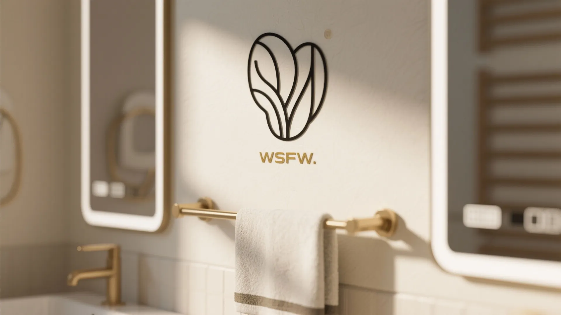 Modern bathroom wall with black heart logo and gold towel rack and white hanging towel
