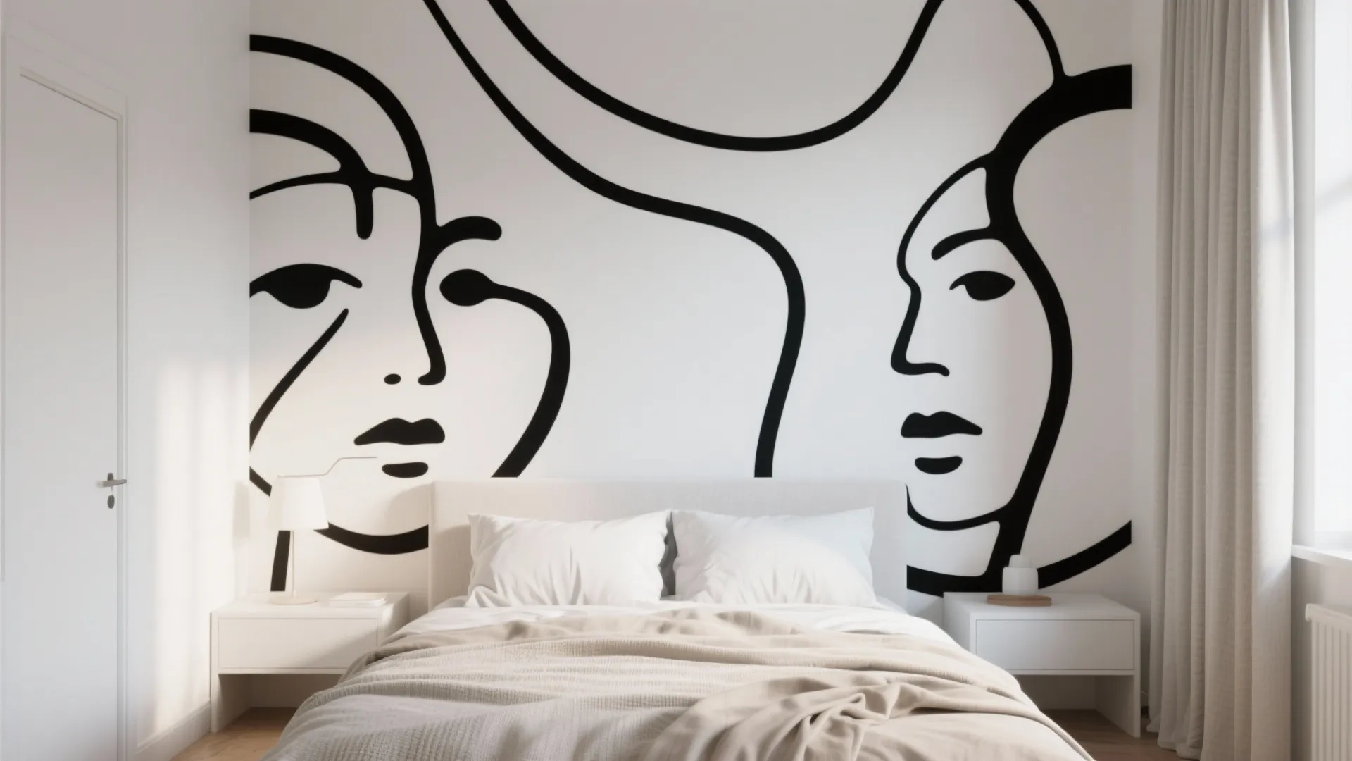 Modern bedroom featuring large black line art of faces on a white wall behind bed