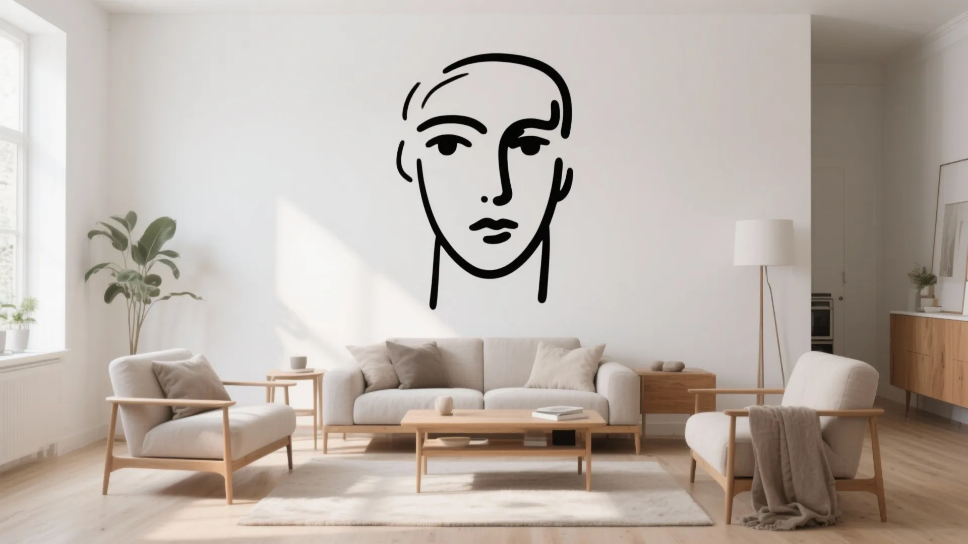 Minimalist living room with large single-line art mural