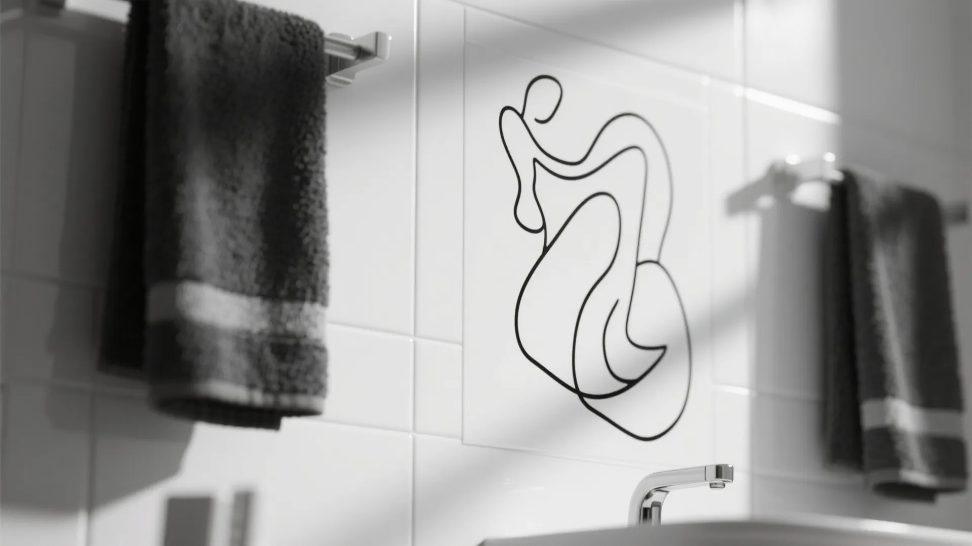 Minimalist black line art on bathroom wall tile with two grey towels and chrome faucet