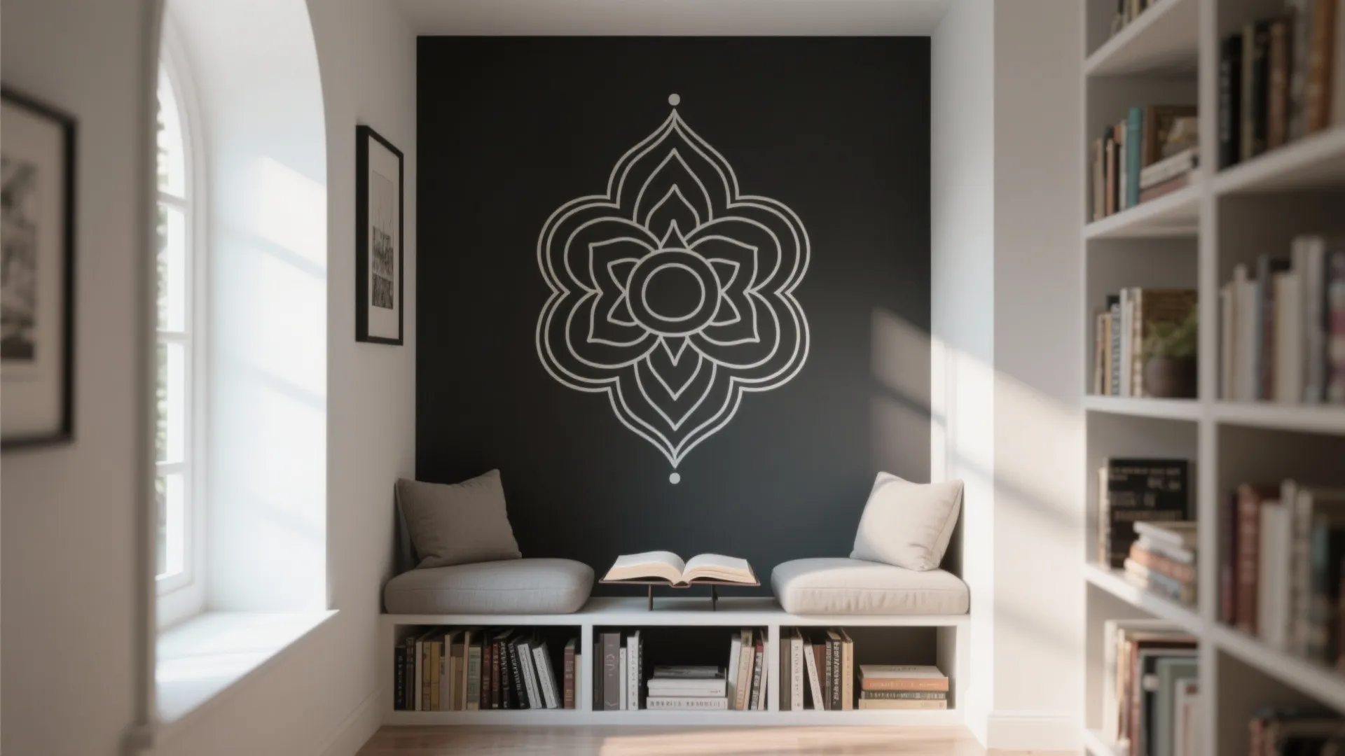 Small reading nook with white flower wall art on black background beside a large bookshelf