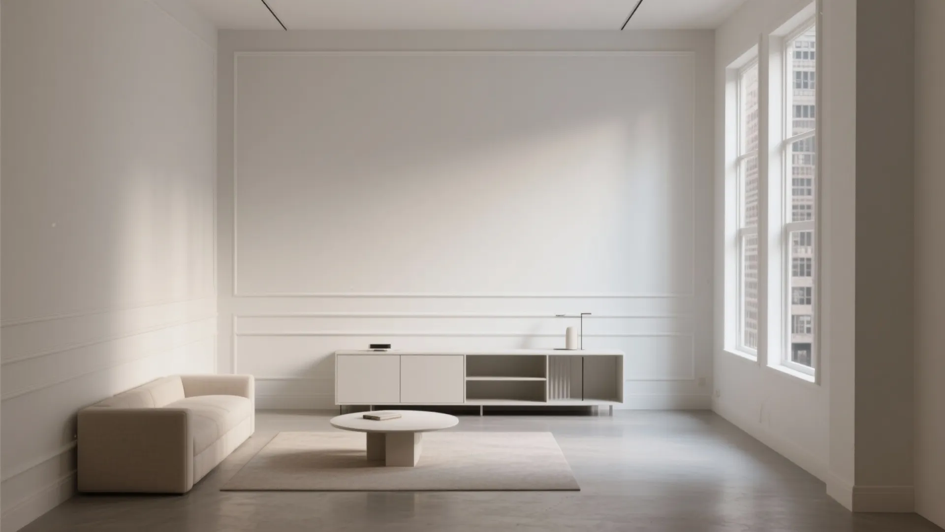 Minimalist white living room with white wall panel beige sofa white cabinet and coffee table