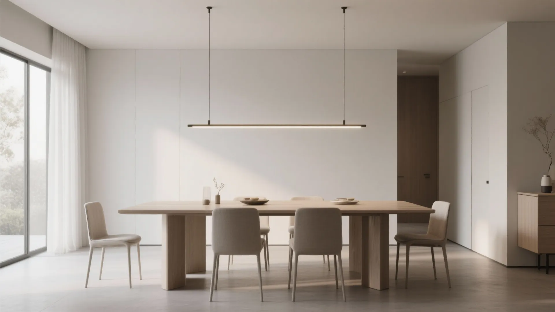 Minimalist dining area with long wooden table under a thin black horizontal ceiling light fixture design