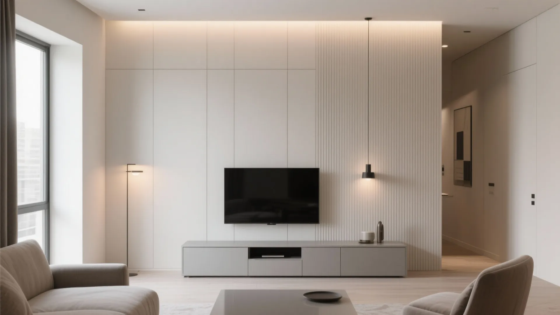 Minimalist living room with white wall panel design and television plus grey cabinet and hanging light