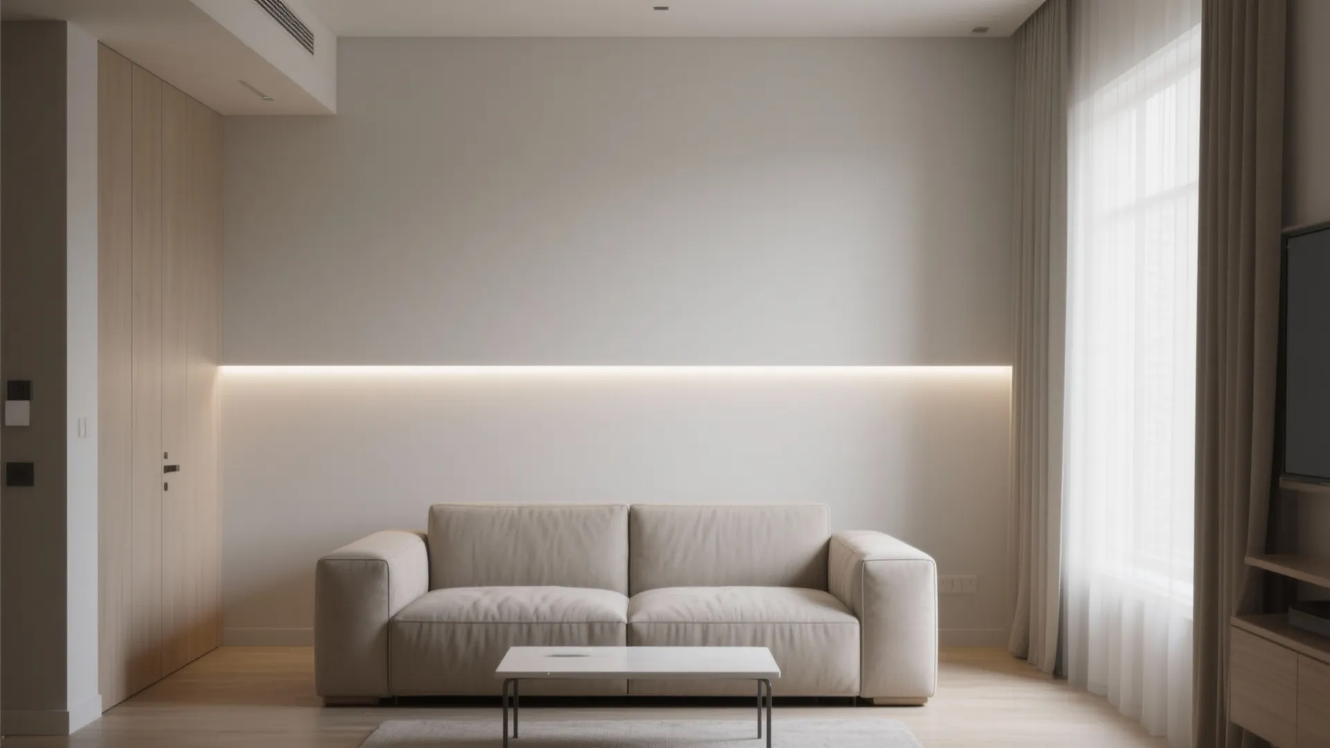 Modern living room with a beige sofa white coffee table and light strip on wall