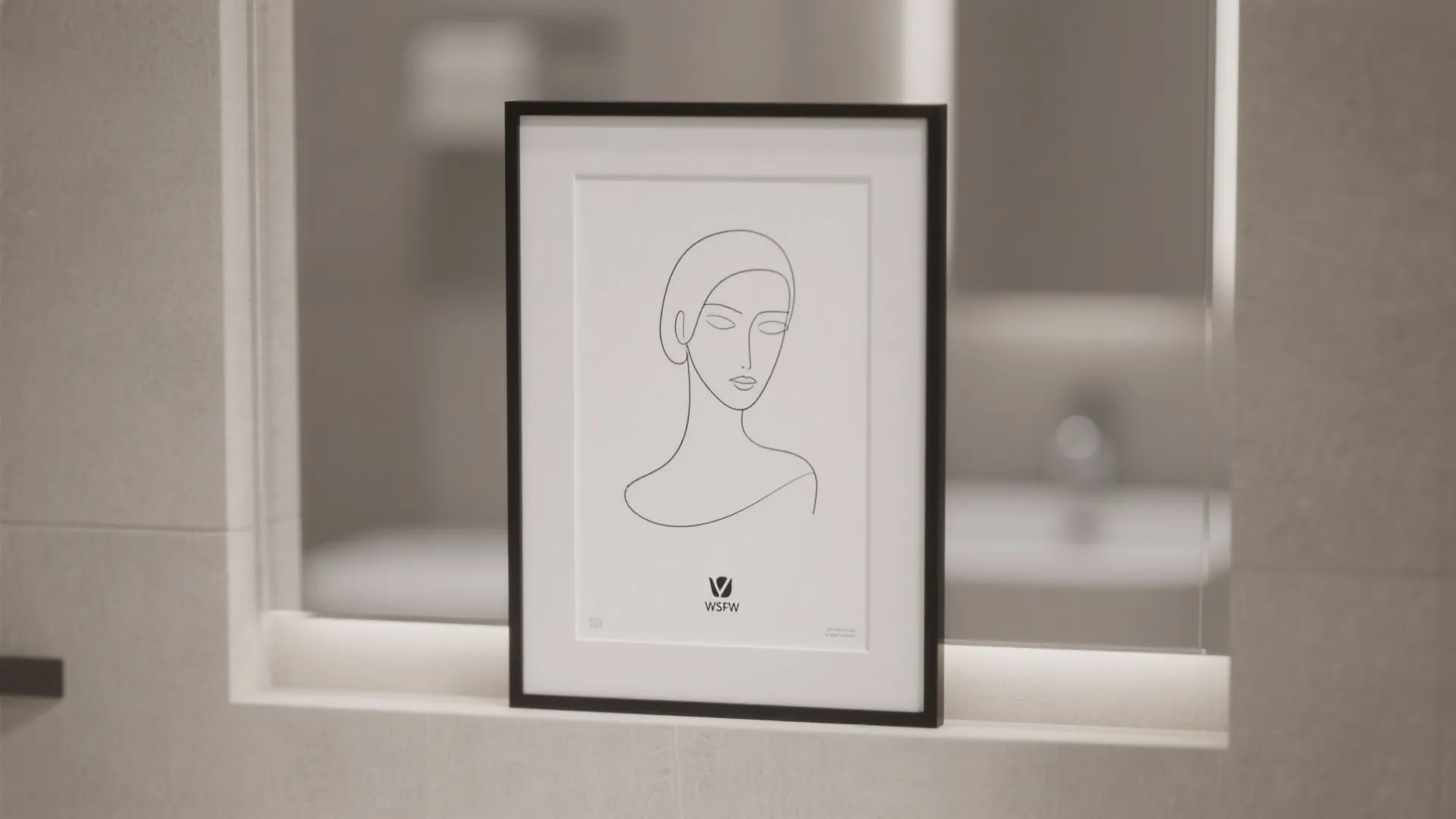 Minimalist black framed line drawing of a face resting on a white bathroom wall shelf