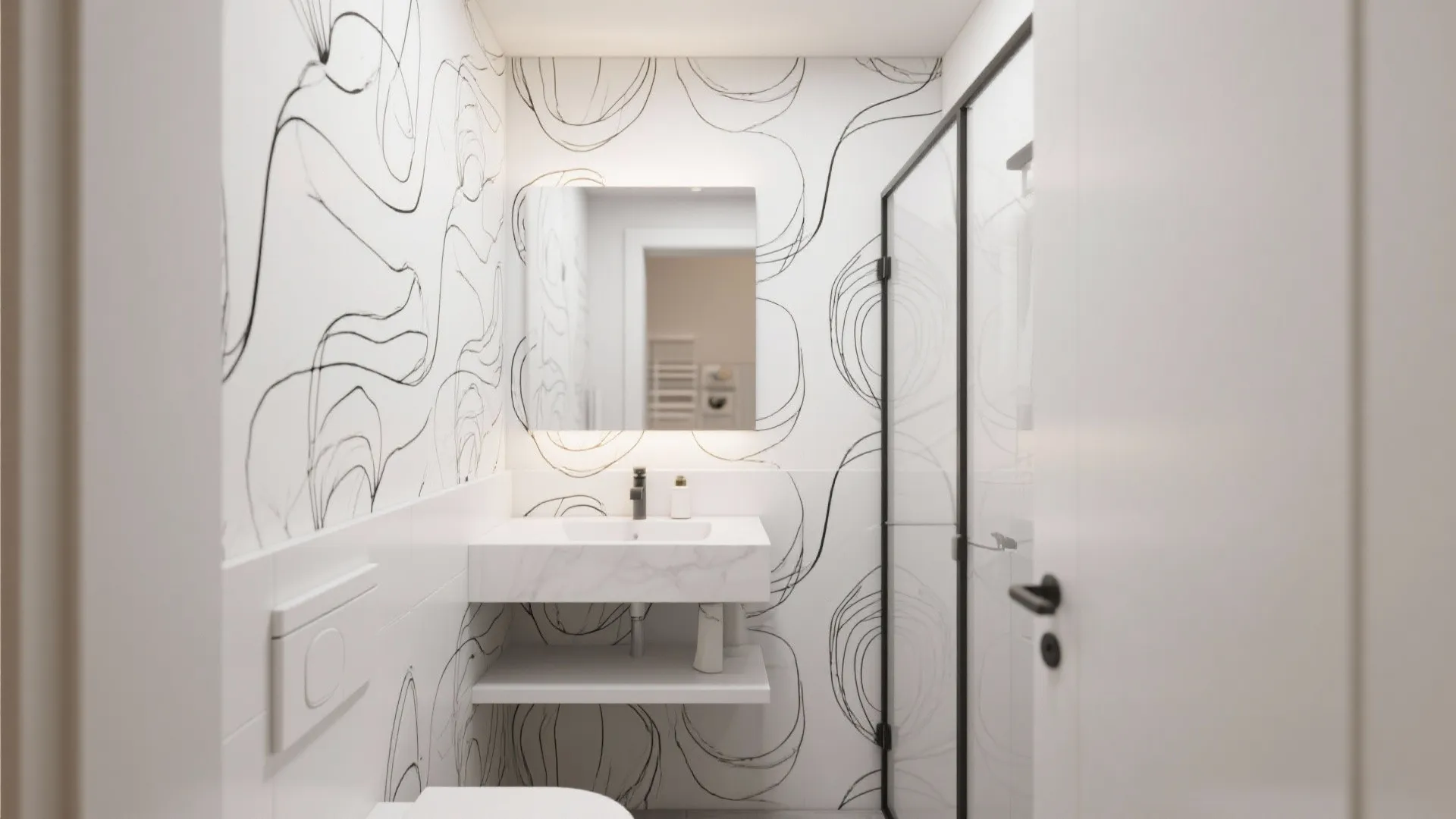 Modern white bathroom with black line art wallpaper marble sink backlit mirror and glass shower