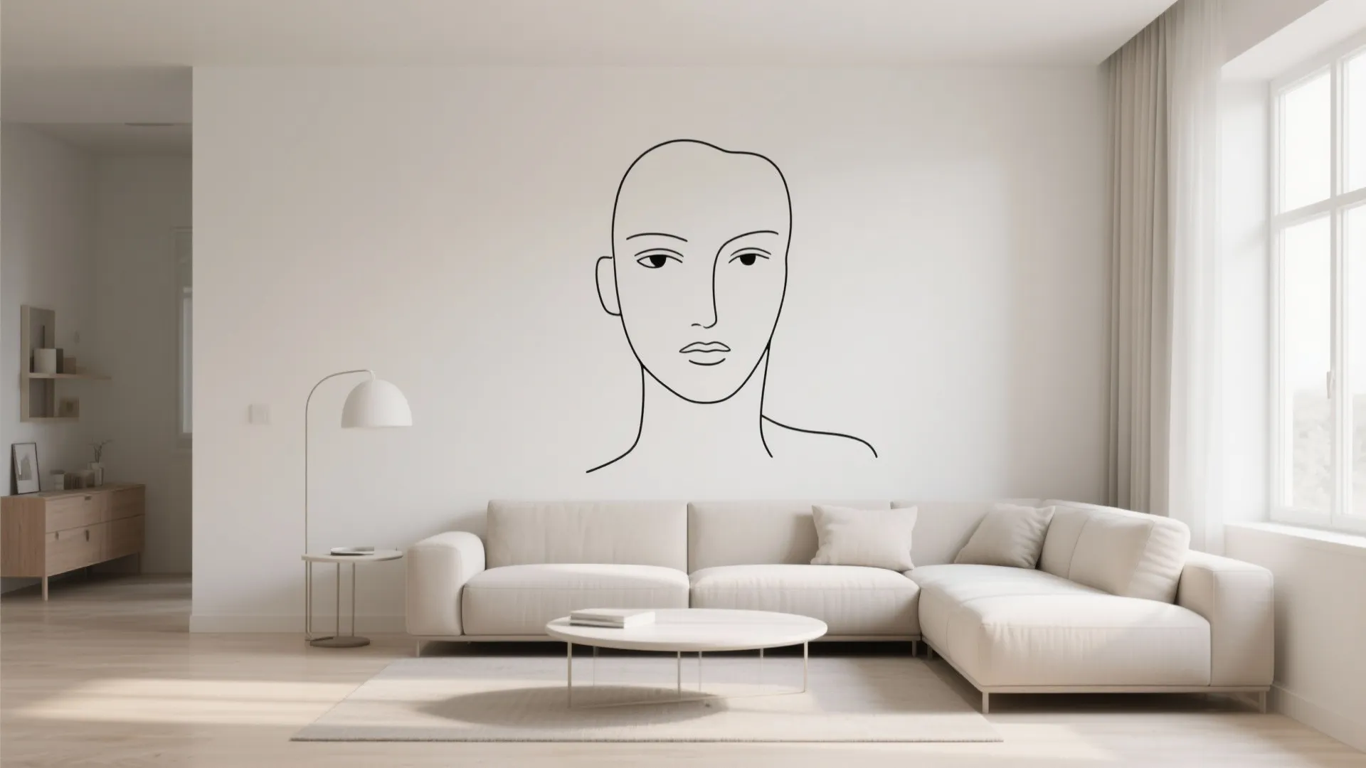Minimalist white living room with light sofa and simple black line art face wall mural