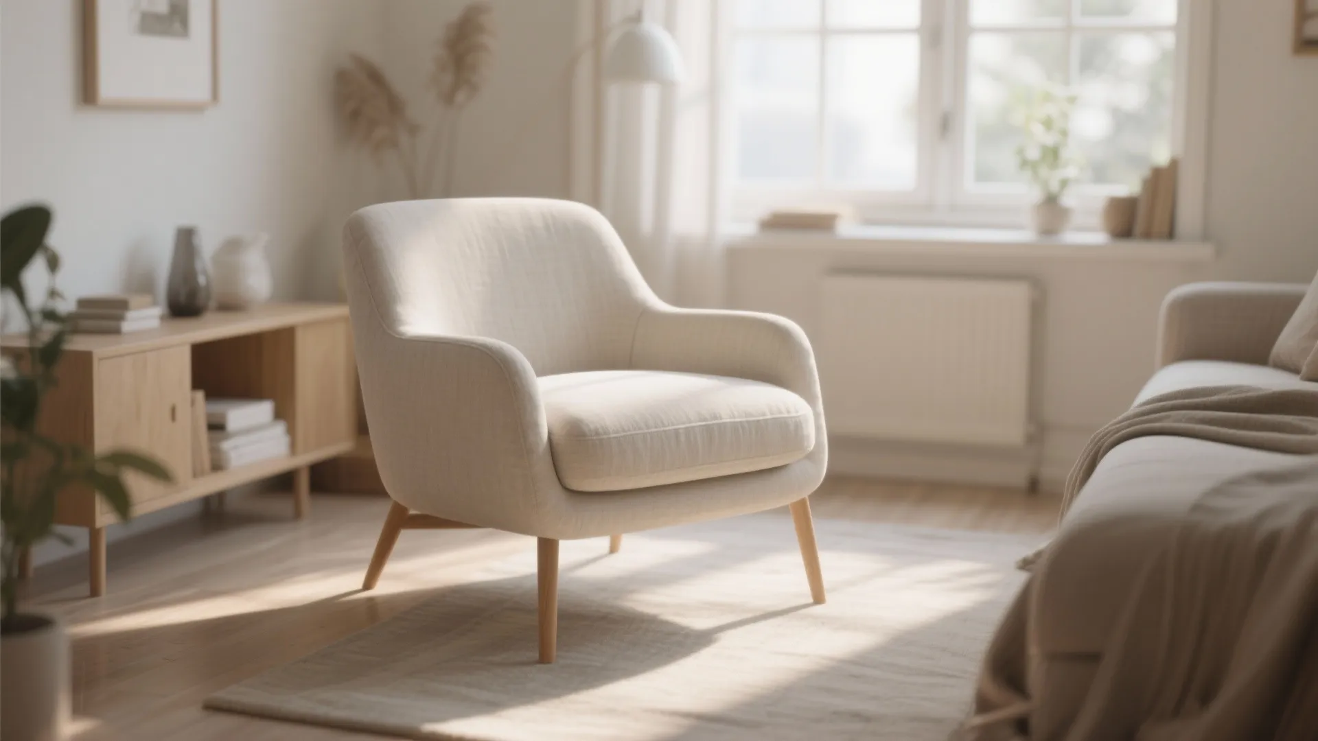 Minimalist linen armchair with wooden legs in a bright living room
