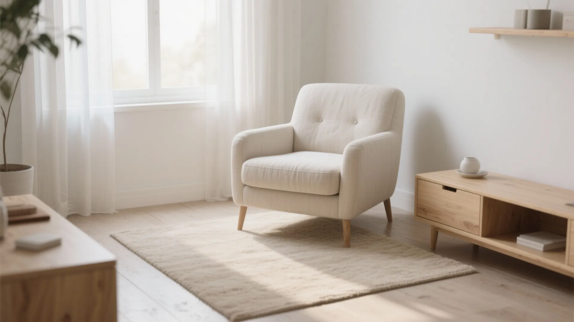 Minimalist pale linen armchair in a bright Scandinavian living room