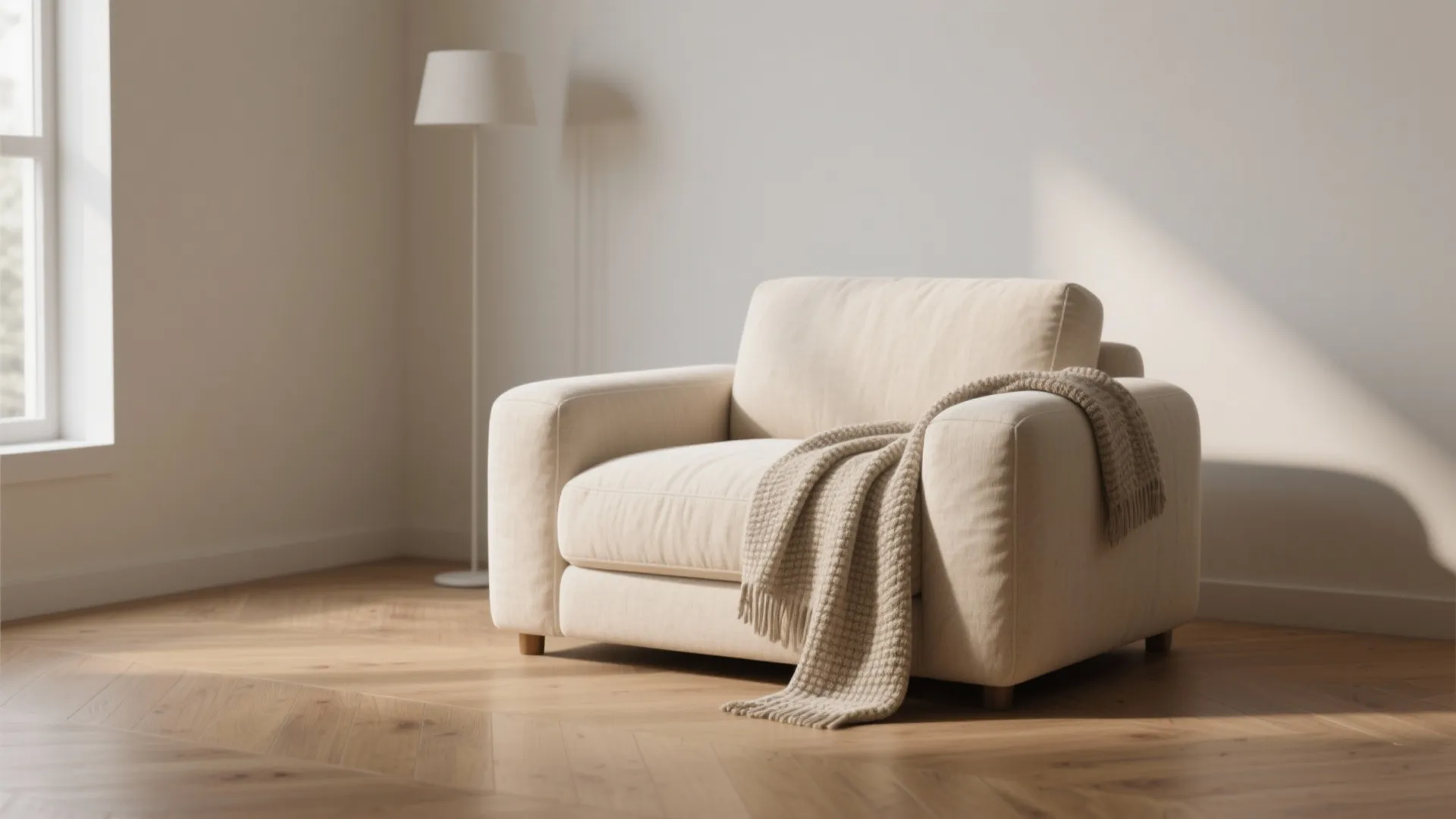 Comfortable cream fabric sofa chair with a soft blanket in a bright minimalist corner room