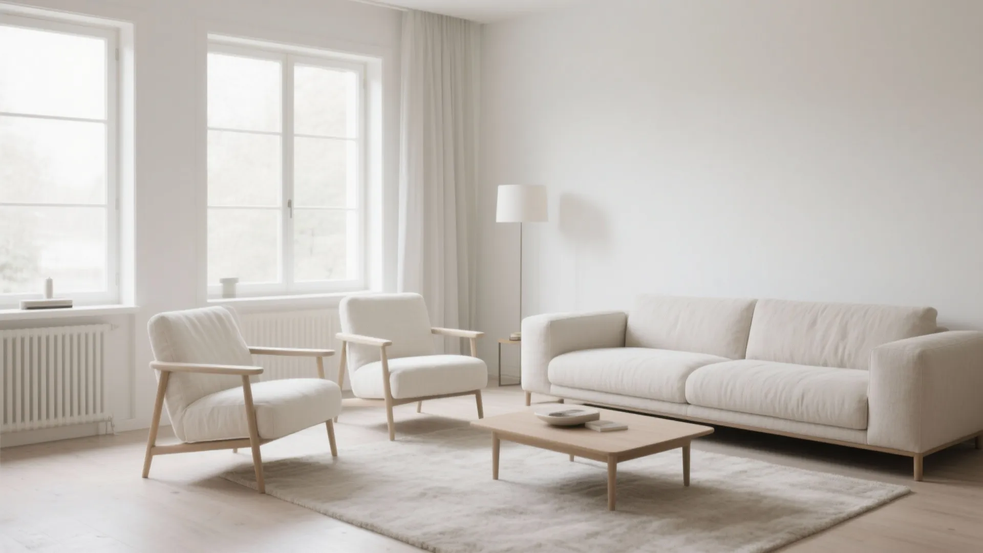 Minimalist living room featuring cream sofa two matching armchairs wooden coffee table and white large windows