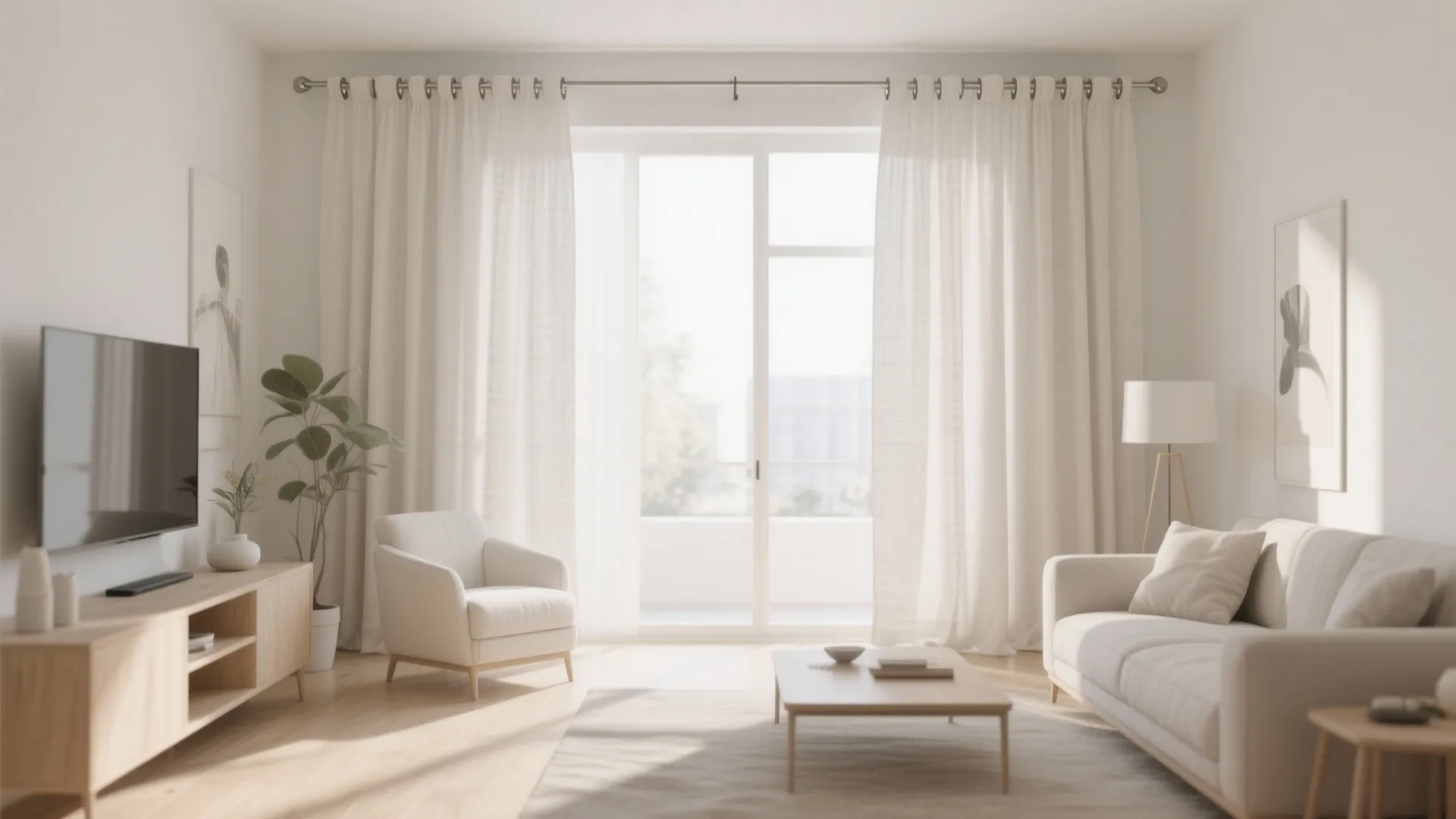 Bright minimalist living room with white linen curtains, light wood flooring, white sofa, and television