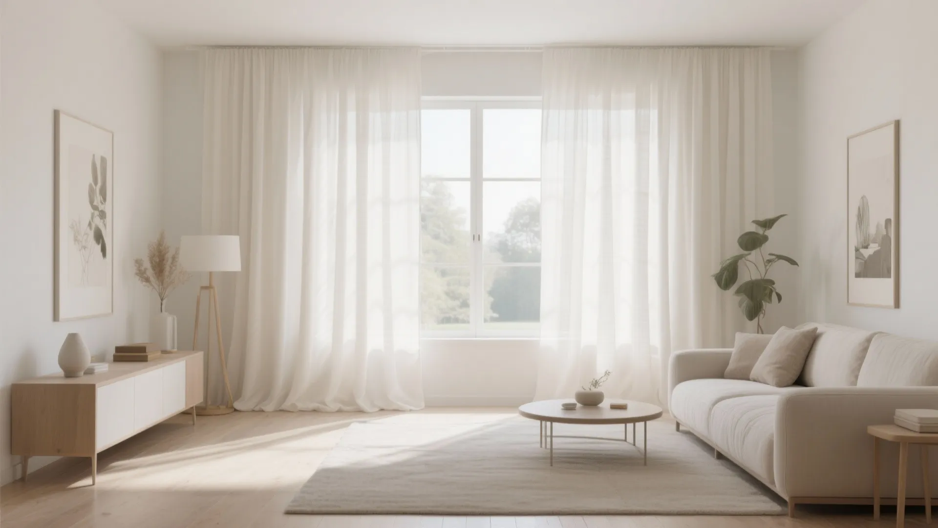 Minimalist ivory linen curtains pooling gently in a bright modern living room