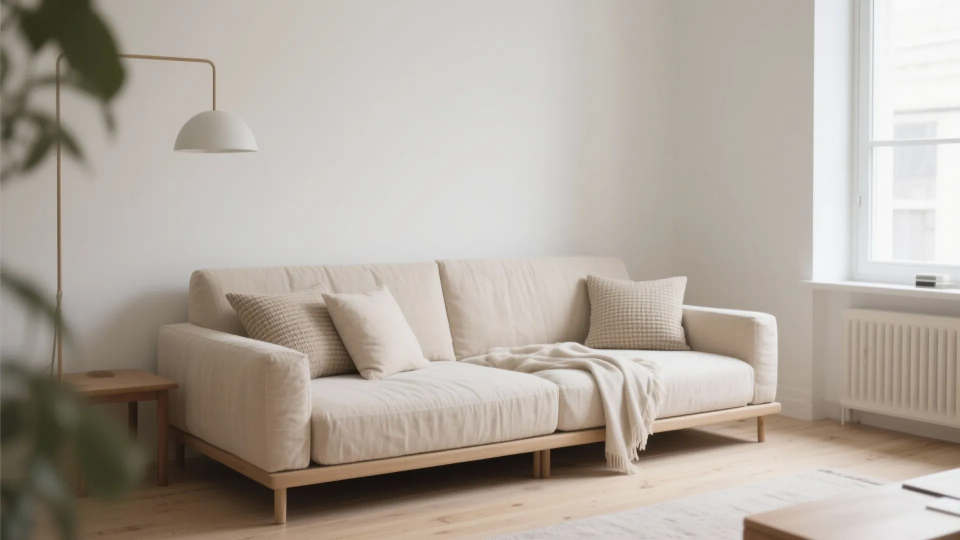 Minimalist beige linen daybed in small modern living room with bright light