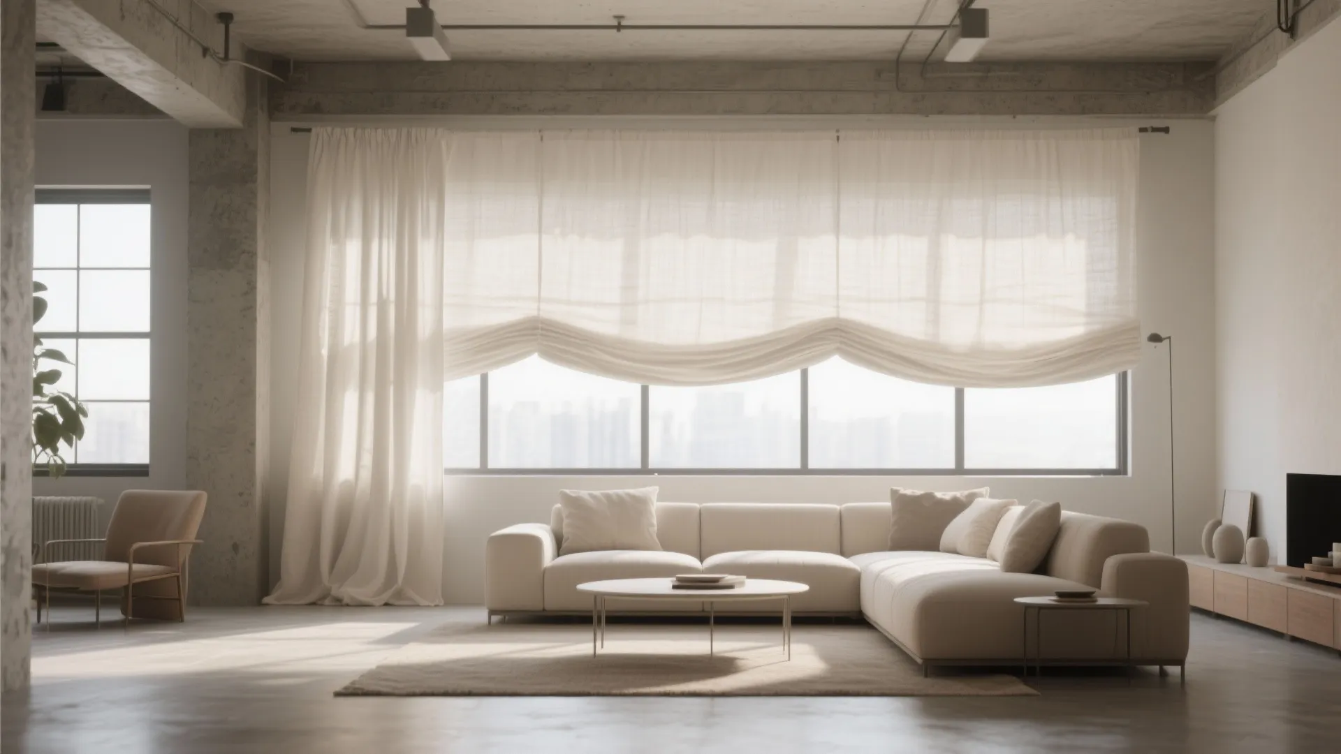Minimalist loft living room with large windows and airy linen valance