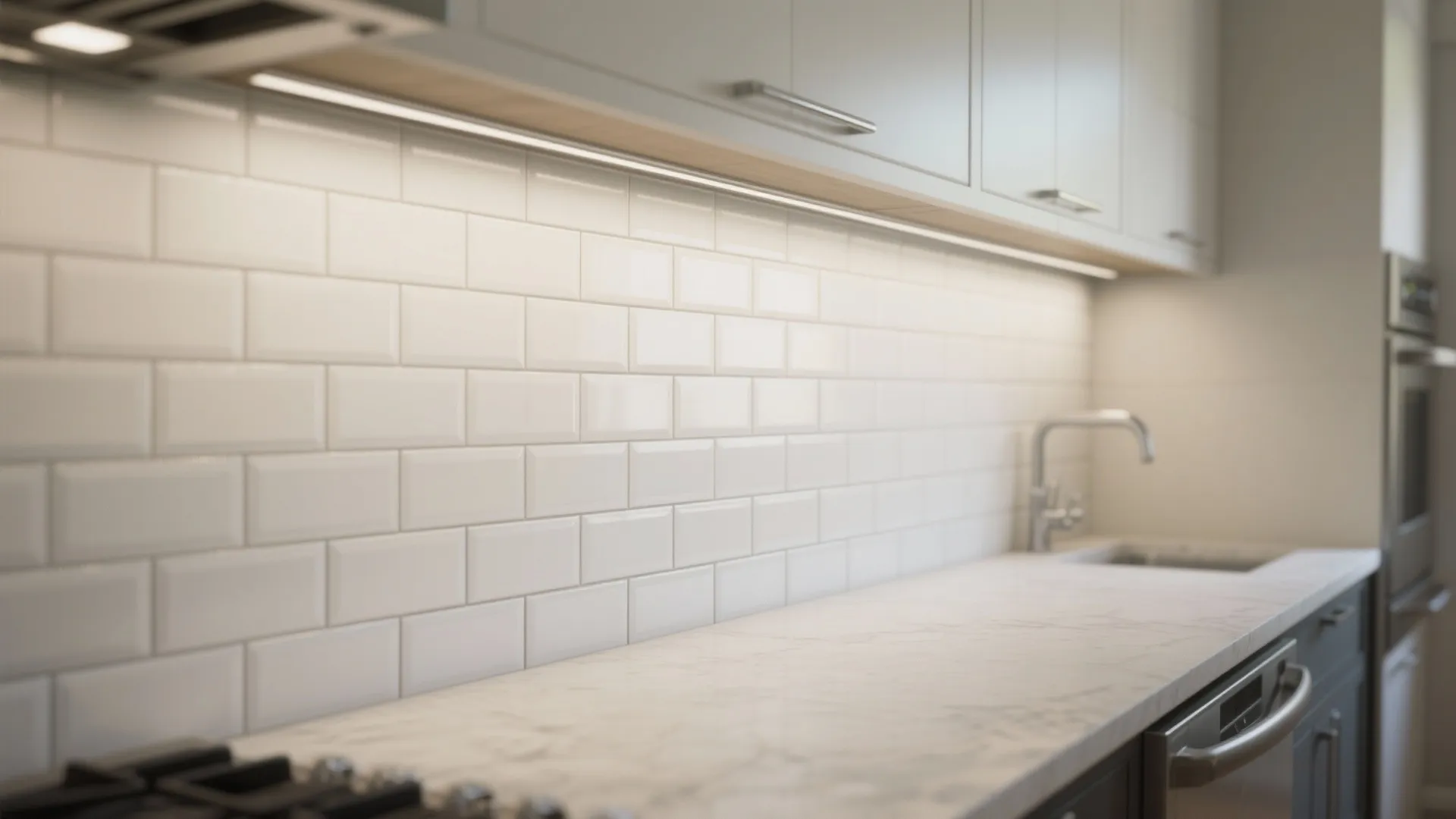 Modern kitchen with white subway tile backsplash, marble countertop, light wood cabinets, and LED lighting