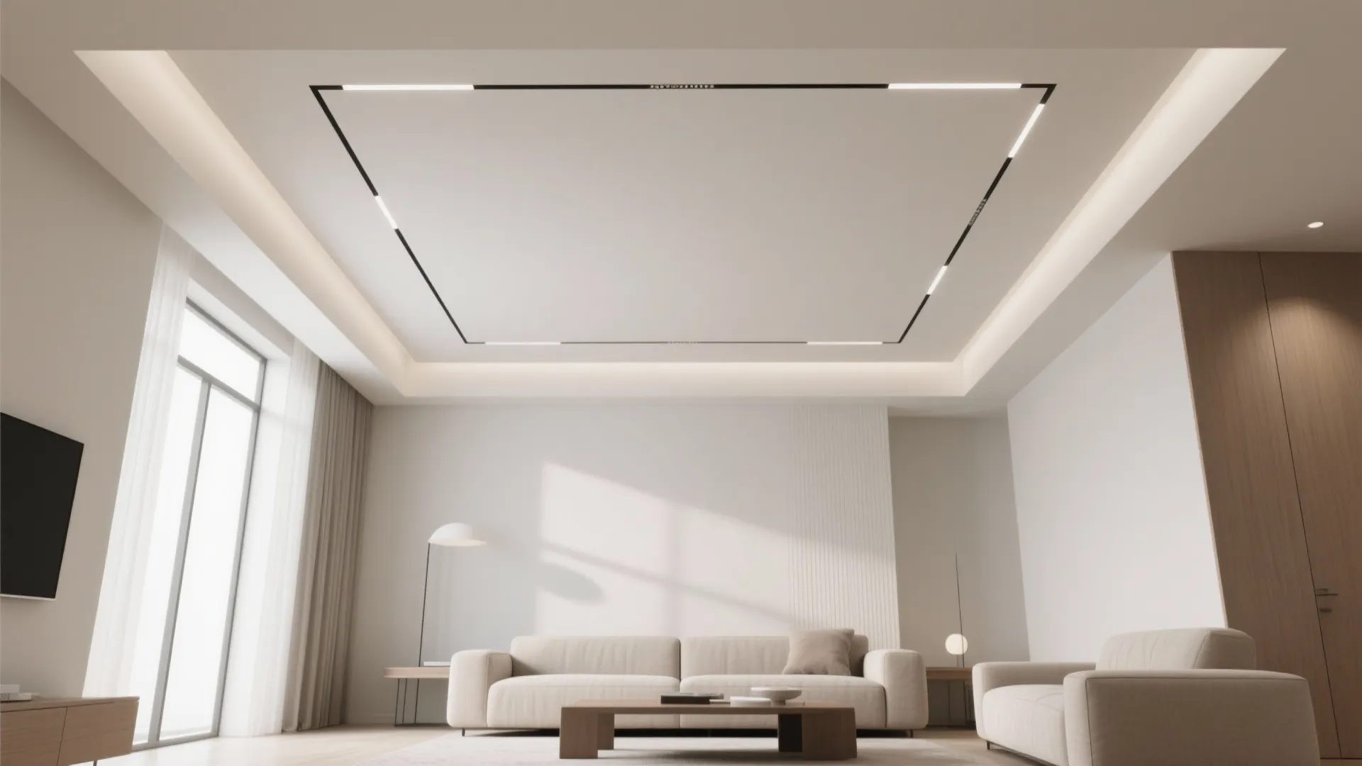 Modern bright living room featuring a recessed ceiling with black linear lights and white sofa