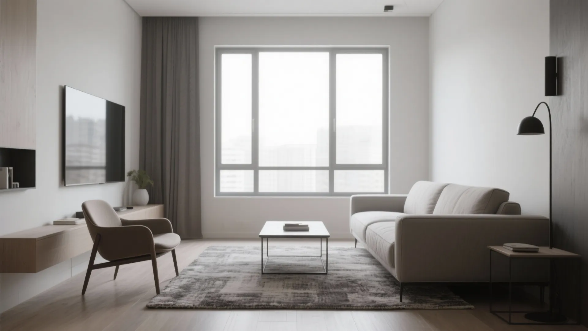 Minimalist living room with white sofa grey rug wooden floor large window and floor lamp