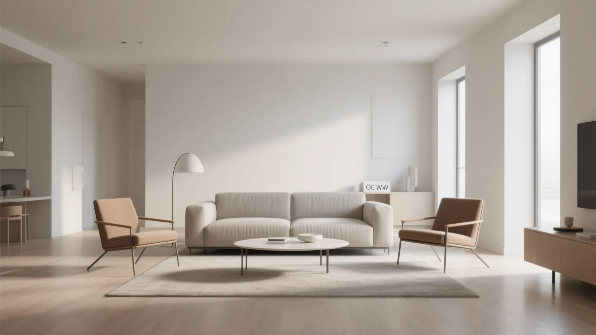 Minimalist living room with white sofa two tan chairs round coffee table and floor lamp
