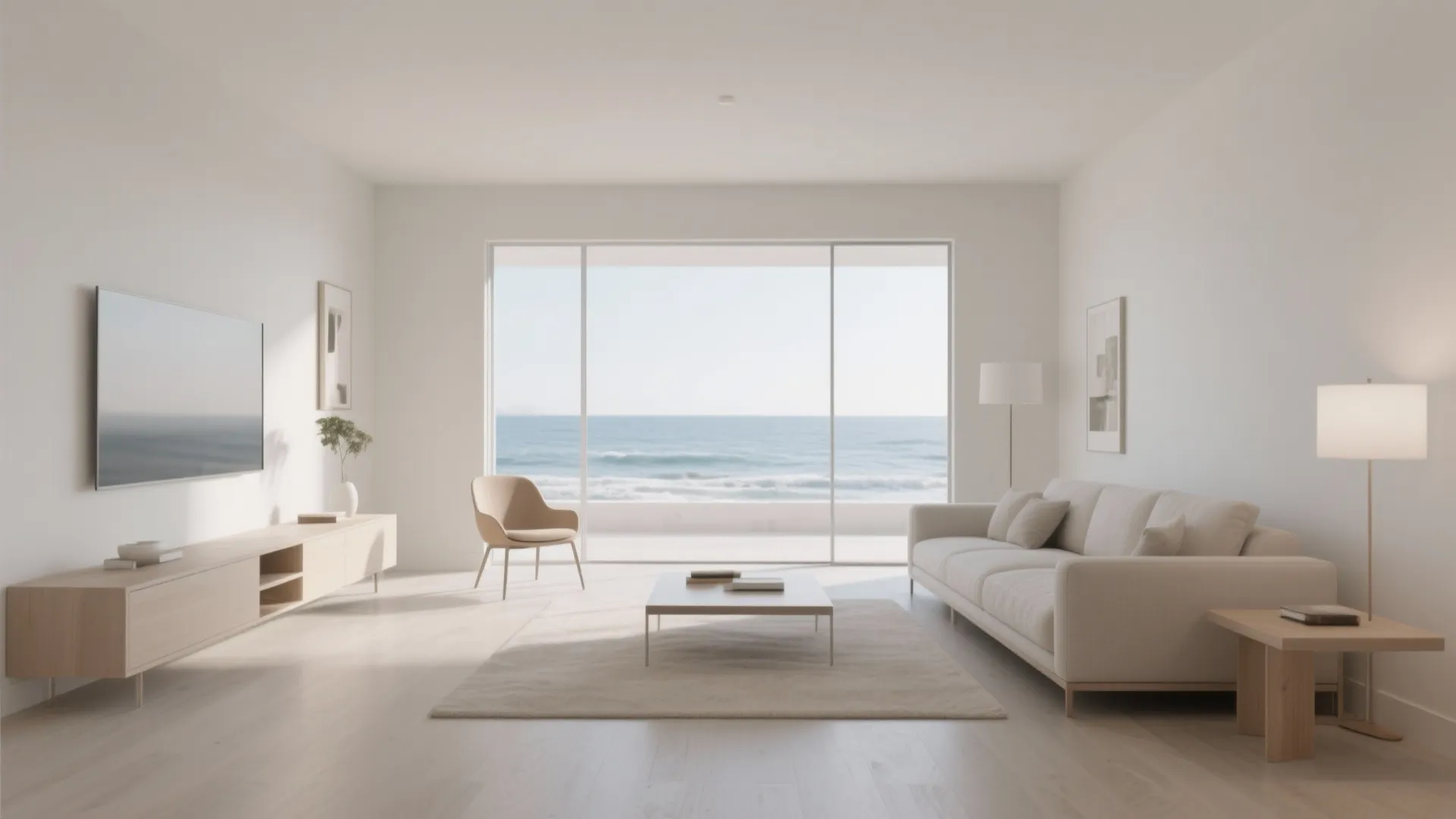 Minimalist white living room with white sofa wooden cabinet and large window showing a blue ocean