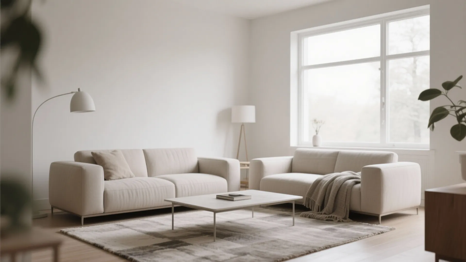 Minimalist living room with two cream sofas a white coffee table and large bright windows