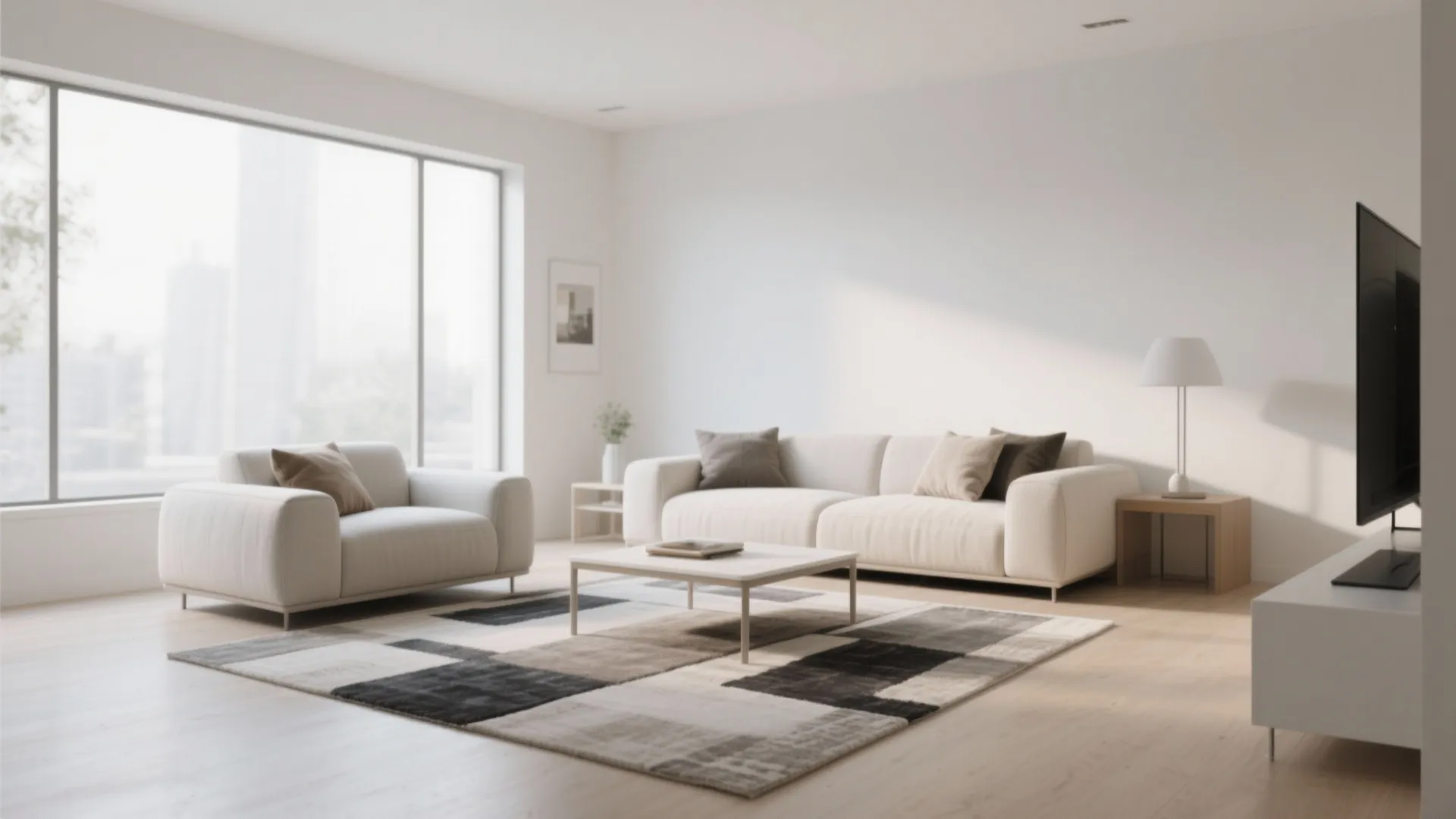 Modern minimalist living room with white sofas a patterned rug coffee table and large windows