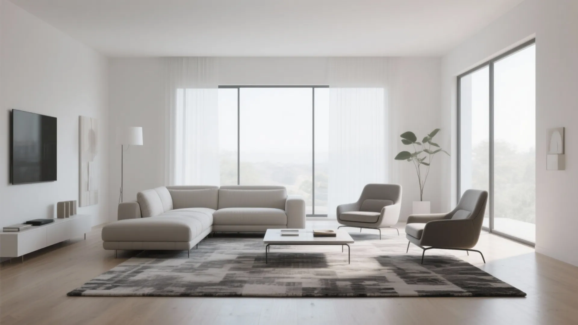 Bright minimalist white living room with light grey sofa two armchairs large windows and patterned rug