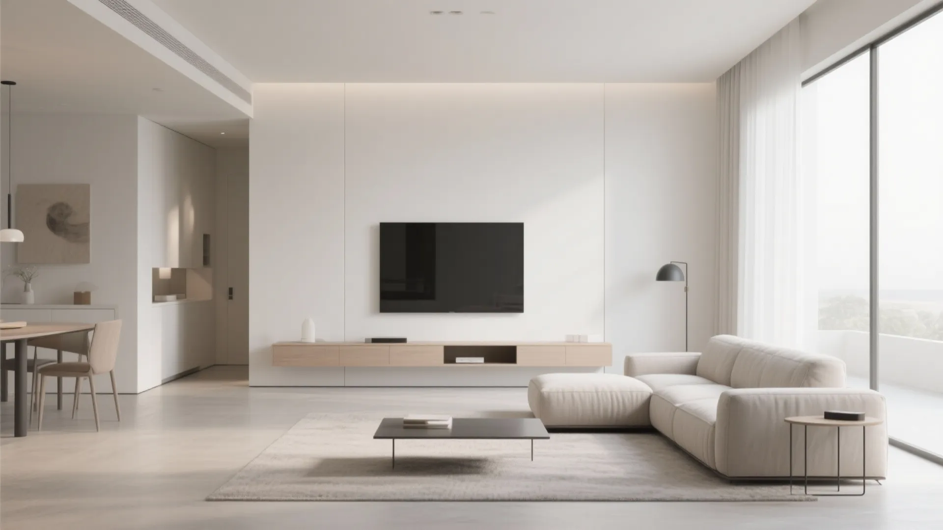 Minimalist white living room featuring a cream sofa wall mounted television and simple wooden cabinet