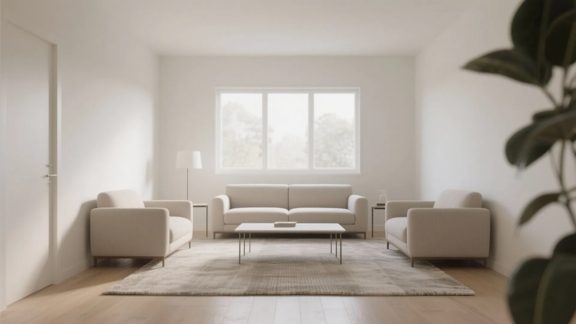 Minimalist living room with beige sofas white coffee table grey rug and a large bright window