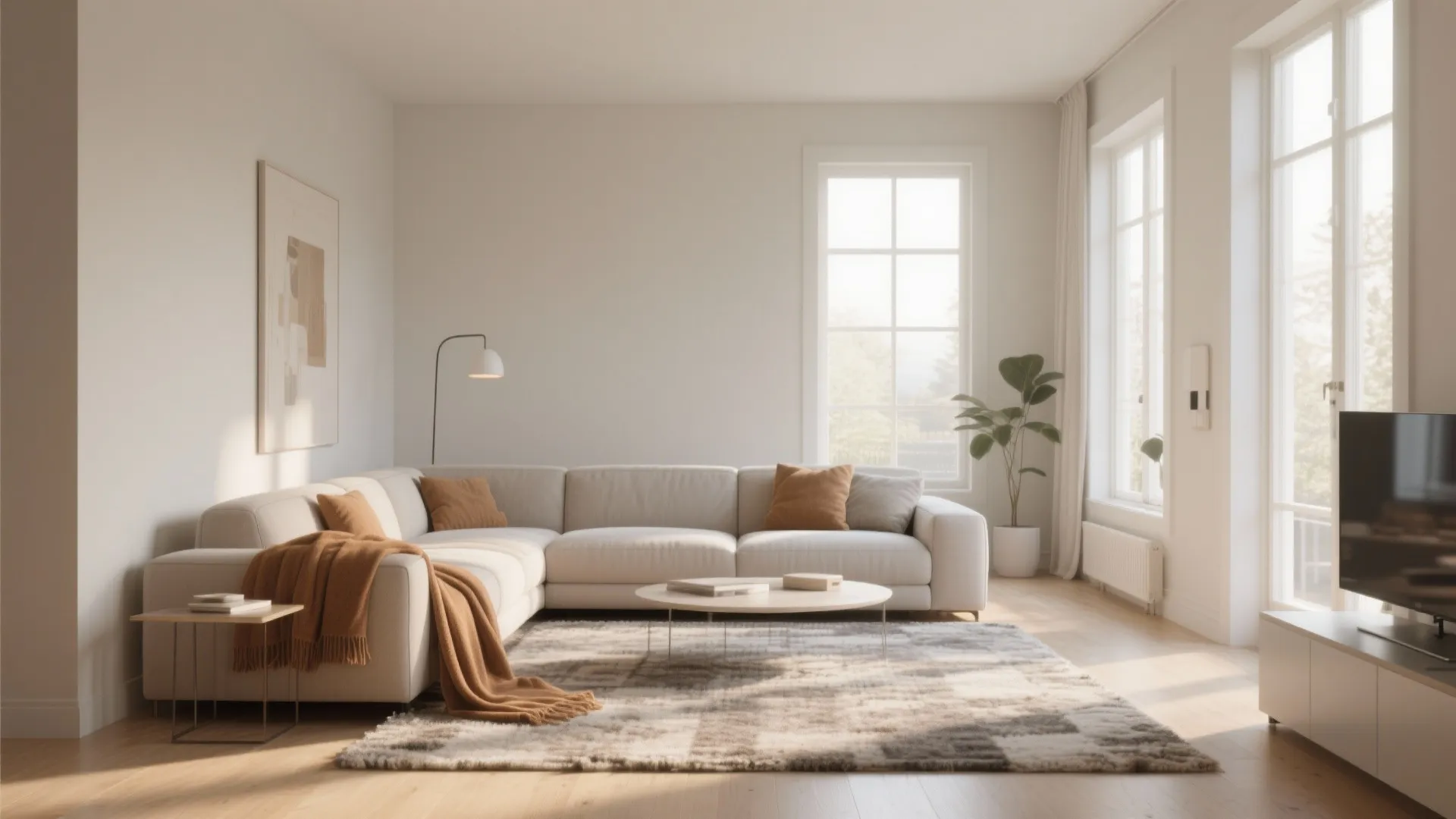 Minimalist living room with white sofa round coffee table checked rug green plant and window